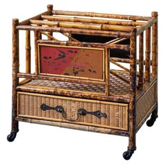 Antique Bamboo and Rattan Magazine Rack with Chinoiserie, England, 1890's