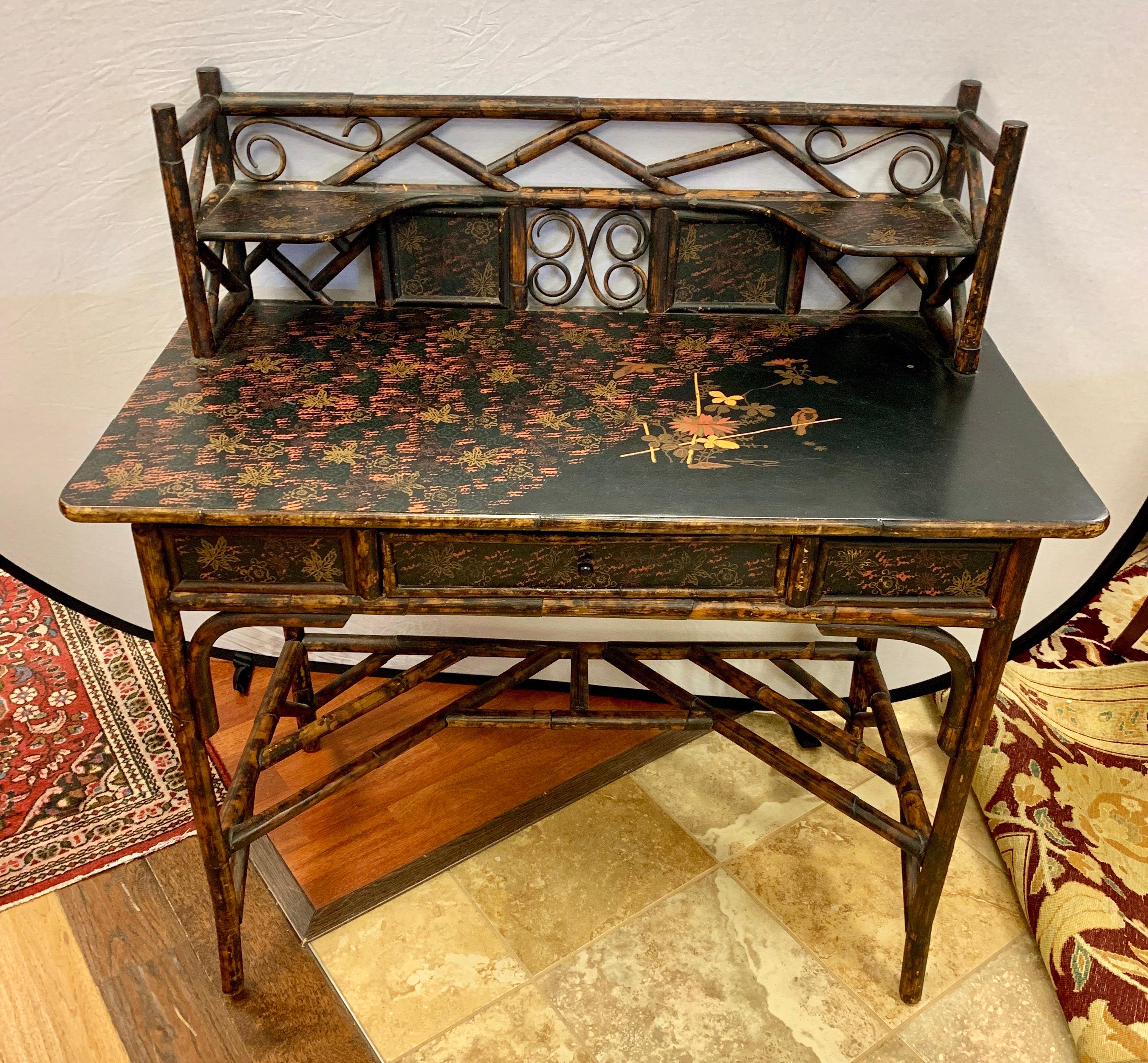 Antique Bamboo Chinoiserie Writing Desk and Matching Chair Set 6