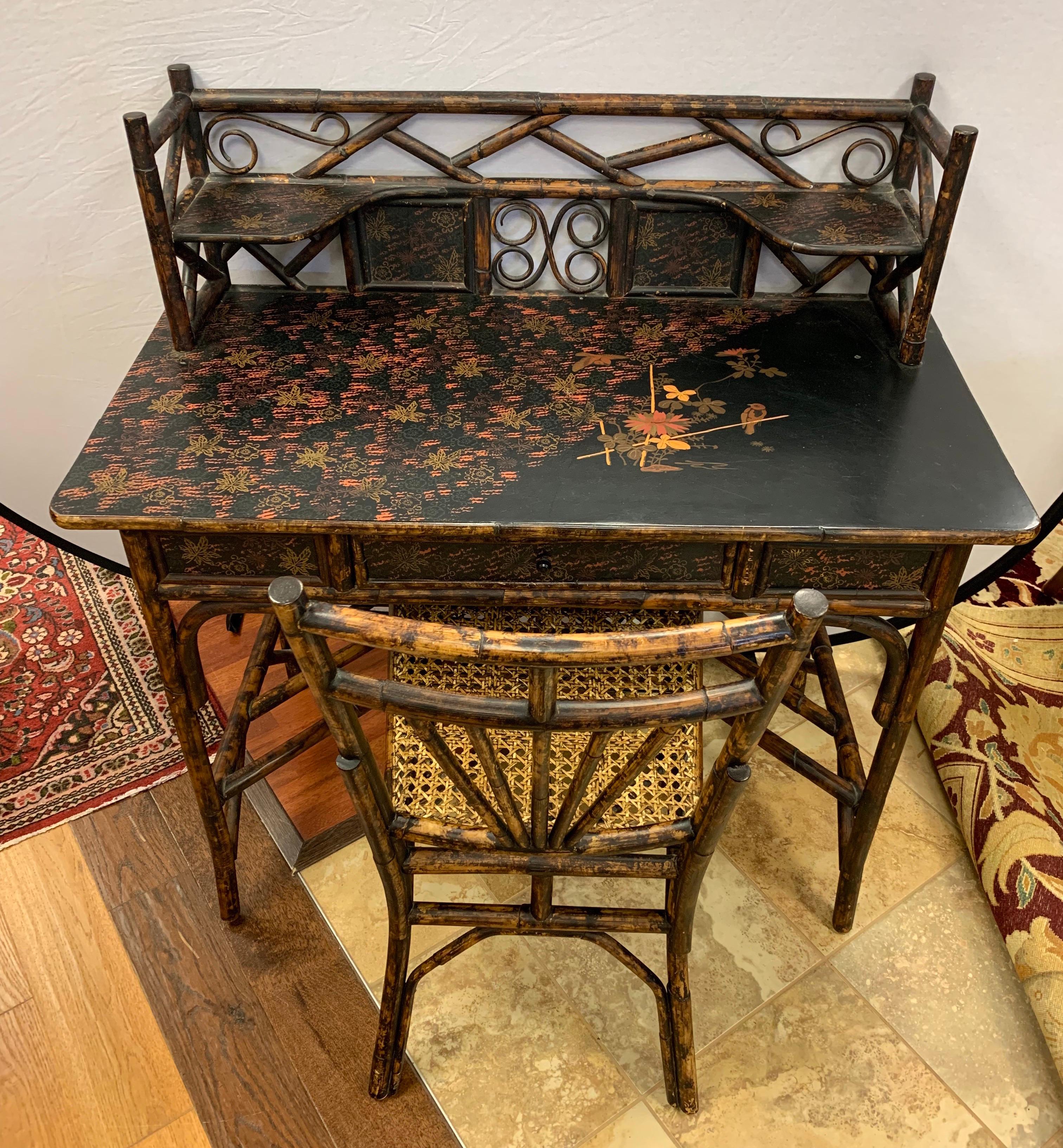 Antique Bamboo Chinoiserie Writing Desk and Matching Chair Set 7