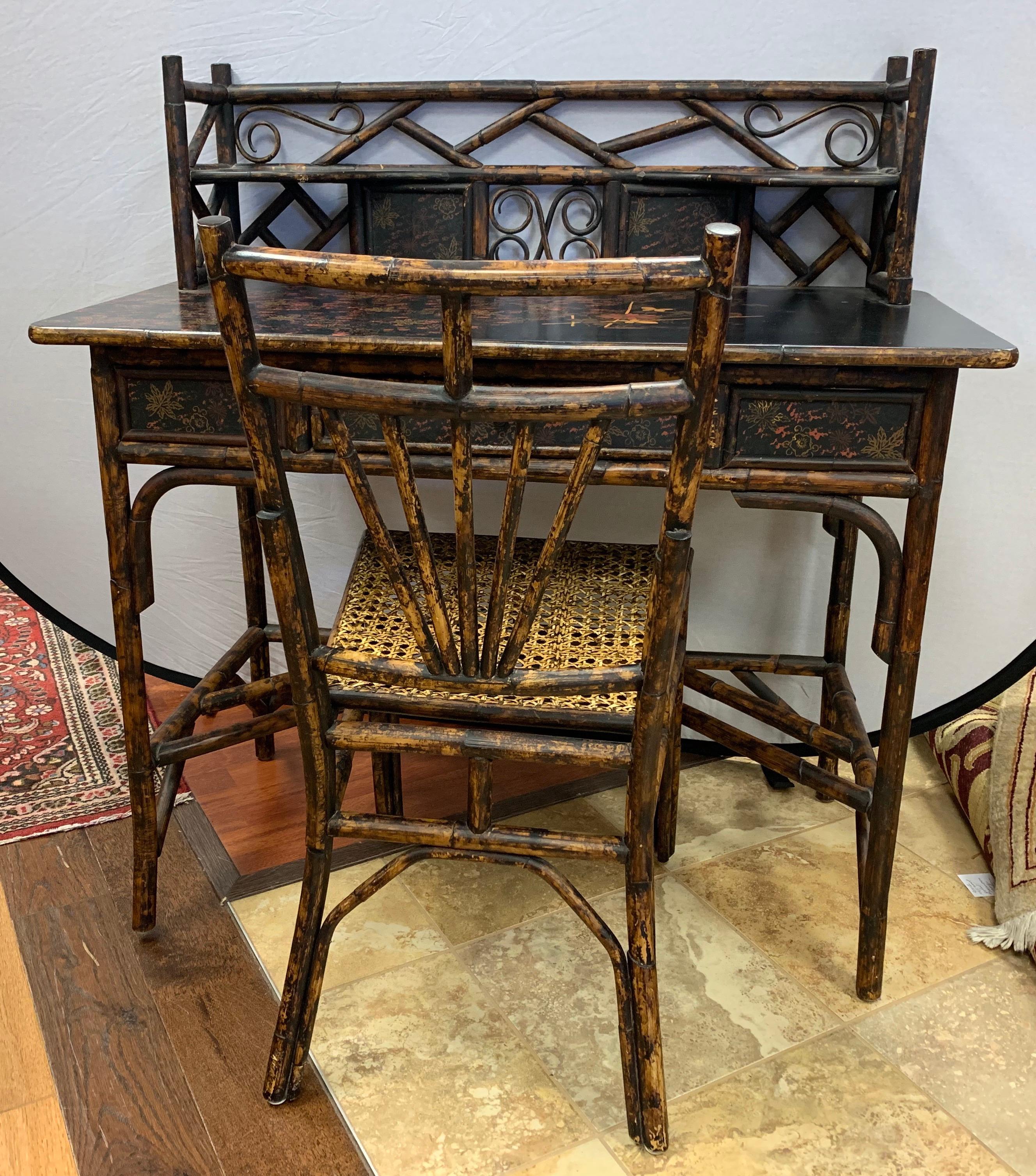 Antique Bamboo Chinoiserie Writing Desk and Matching Chair Set 8