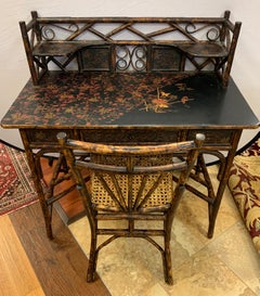 Antique Bamboo Chinoiserie Writing Desk and Matching Chair Set