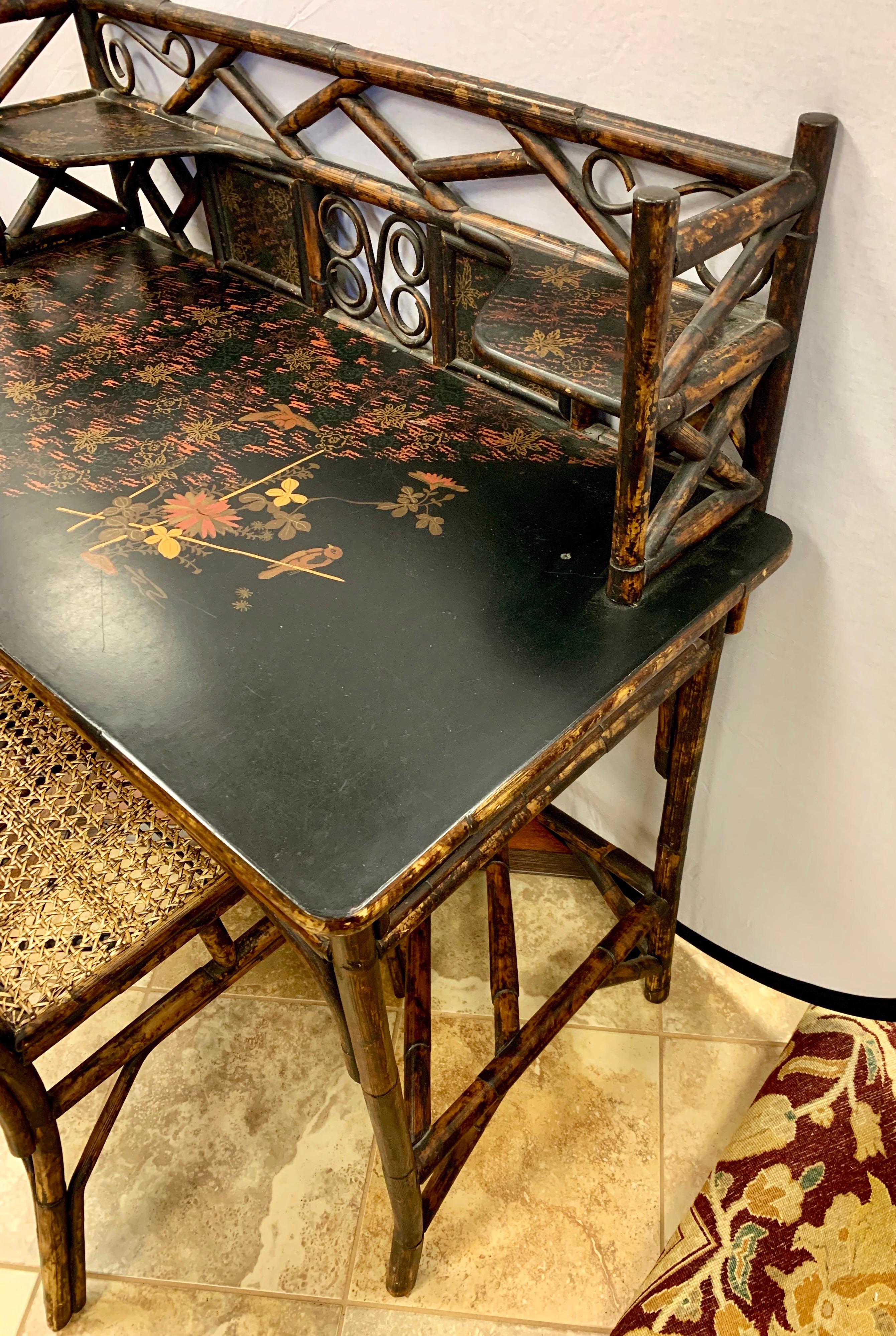 Antique Bamboo Chinoiserie Writing Desk and Matching Chair Set In Good Condition In West Hartford, CT