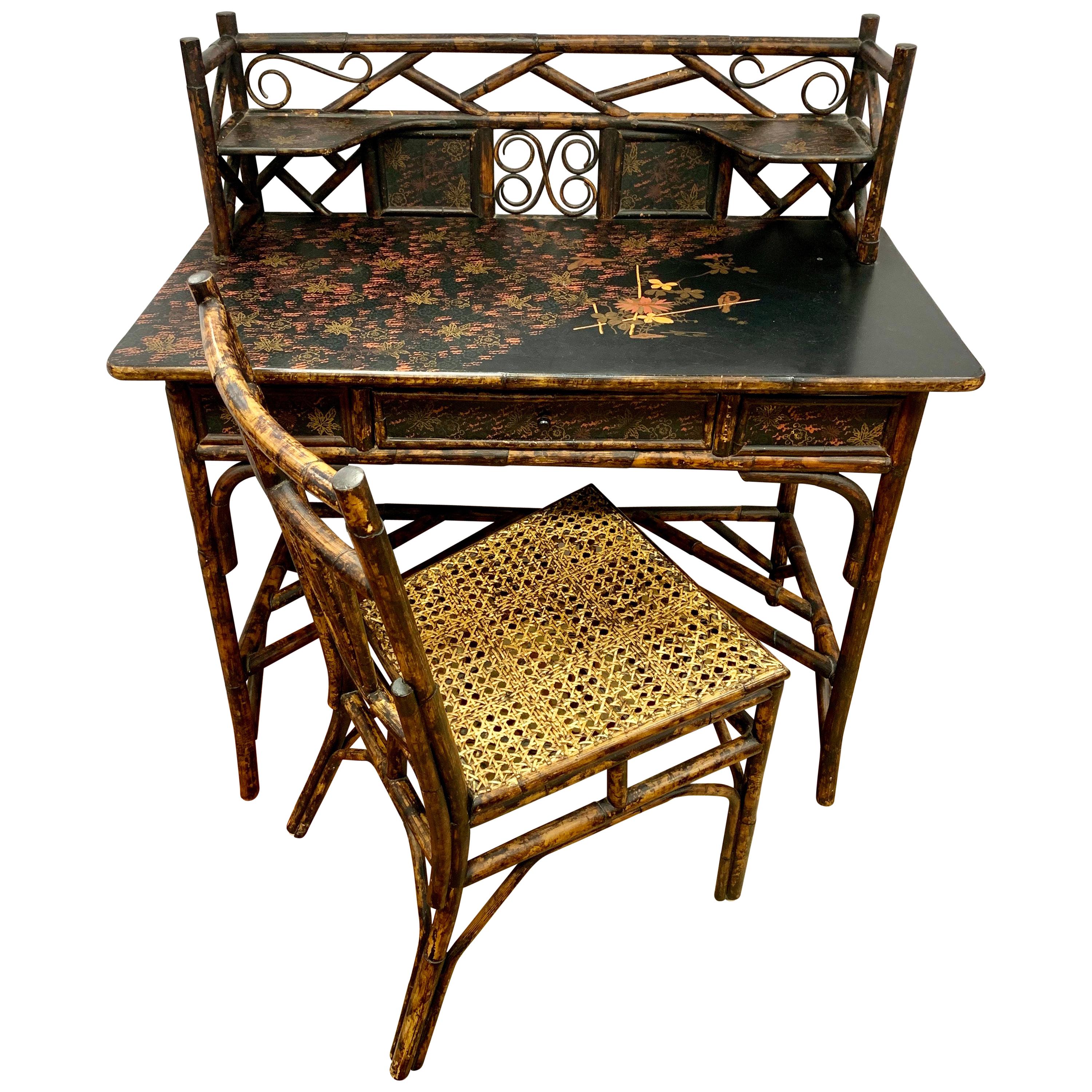 Antique Bamboo Chinoiserie Writing Desk and Matching Chair Set