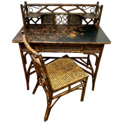 Antique Bamboo Chinoiserie Writing Desk and Matching Chair Set