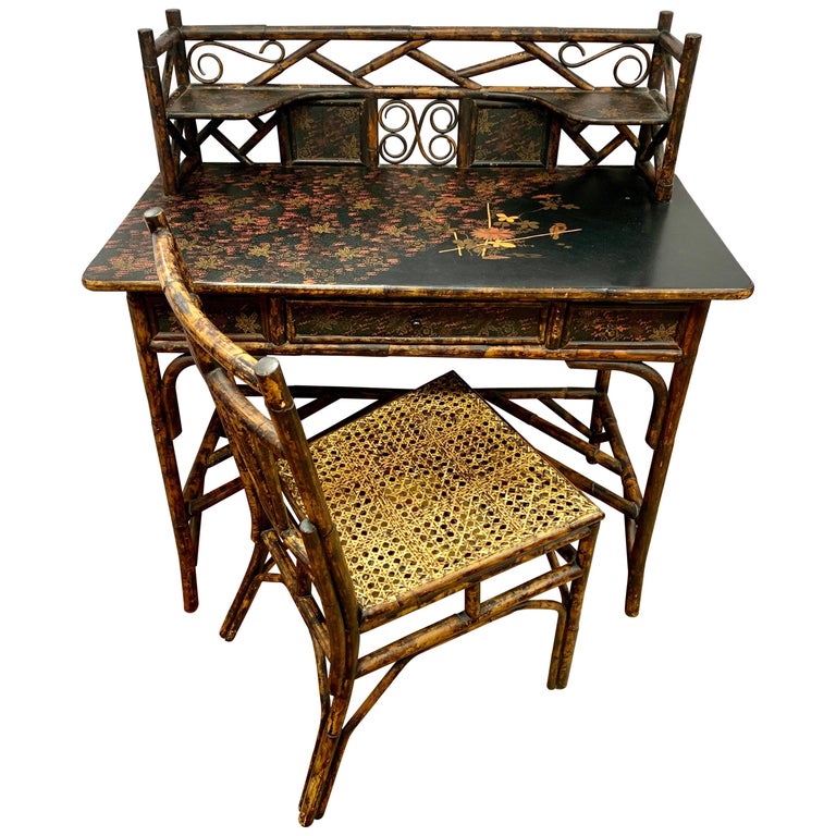 Antique Bamboo Chinoiserie Writing Desk And Matching Chair Set For