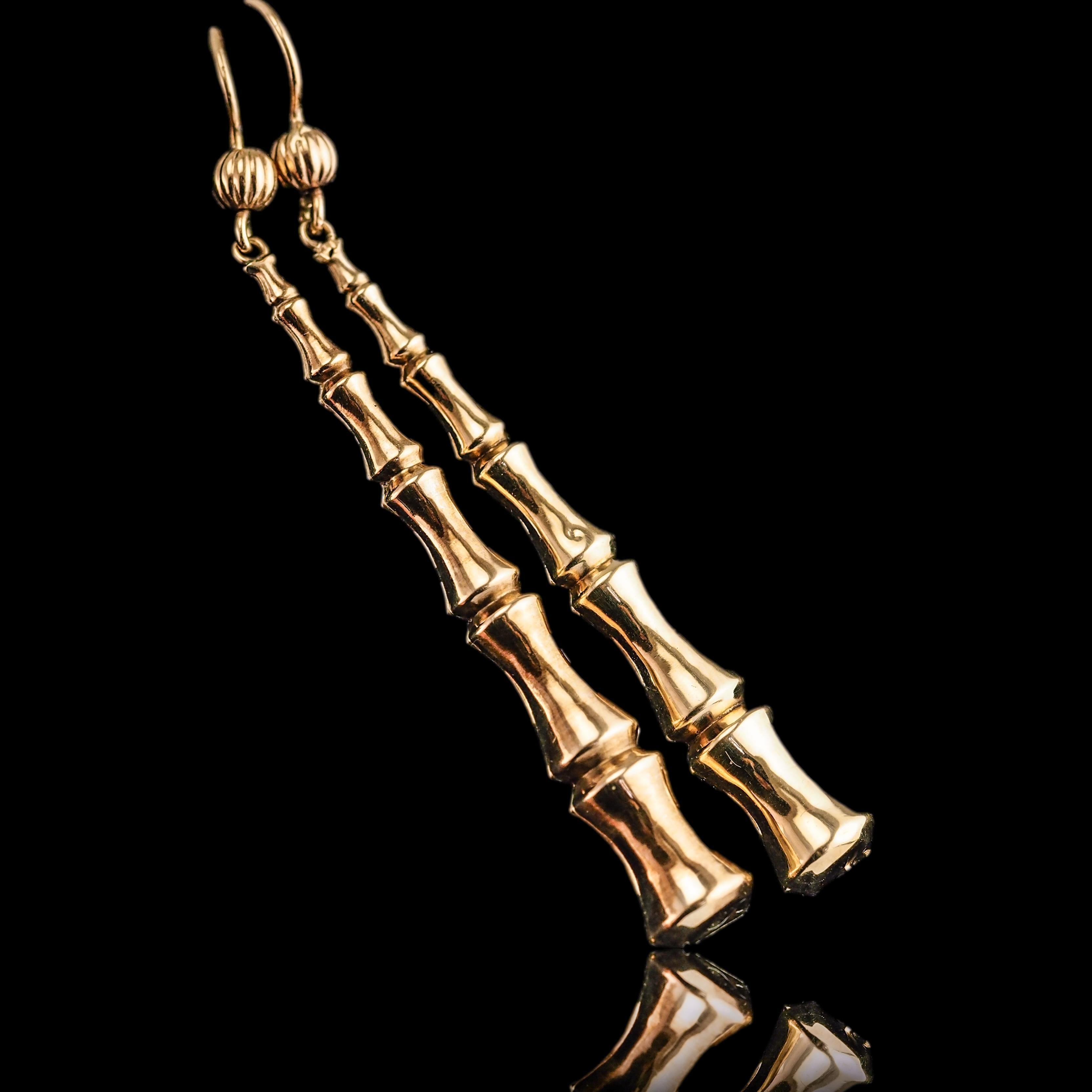 Antique Bamboo Design Earrings 9K Gold - c.1920 In Good Condition For Sale In London, GB