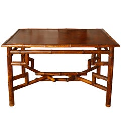 Antique Bamboo Desk with Embossed Leather Surface