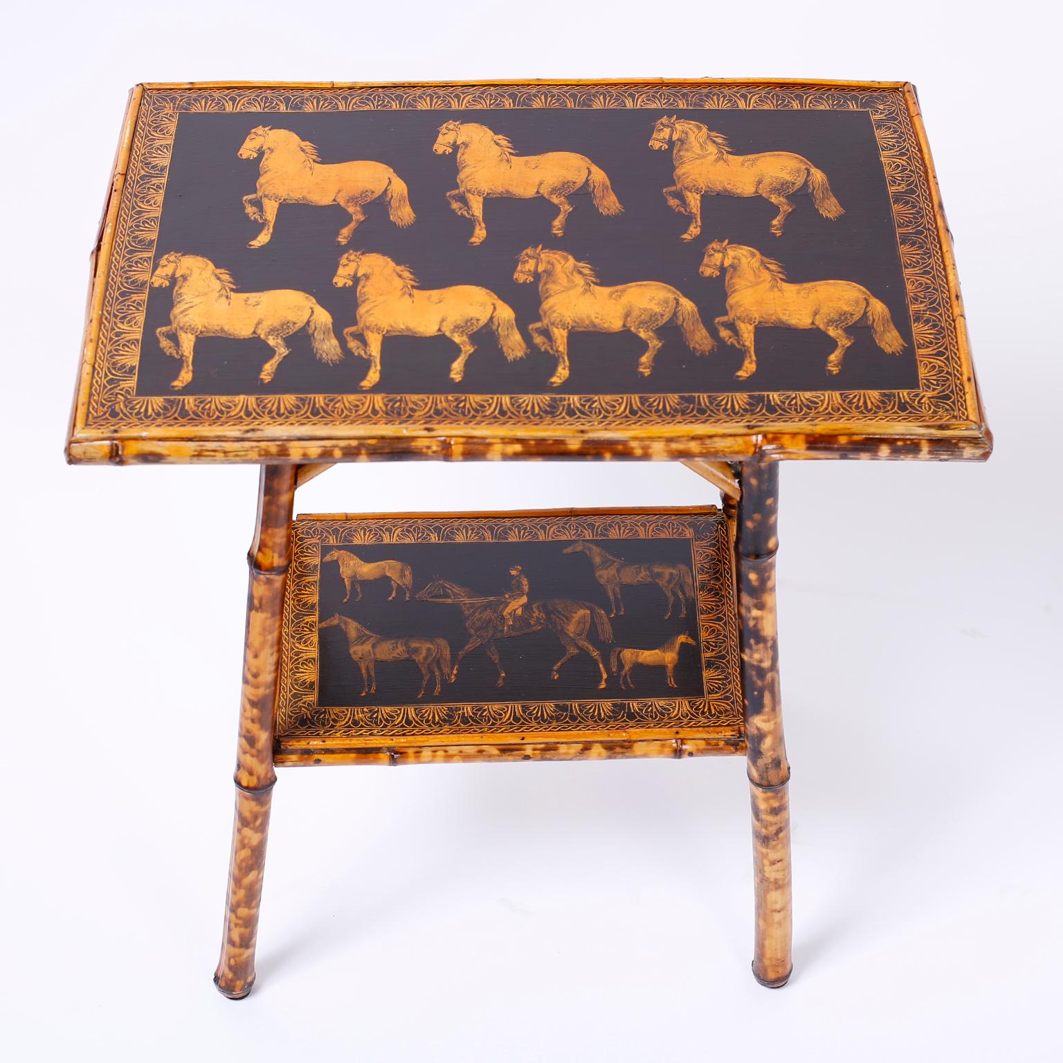 Stand out antique English bamboo table ingeniously decorated with contemporary decoupage horses on the top and lower tier. A taller table is also available, as shown in the last photograph of the listing.