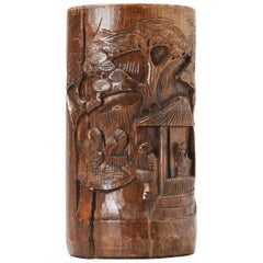 Gobelet crayon chinois figuratif en bambou antique, 19ème ou 20ème siècle