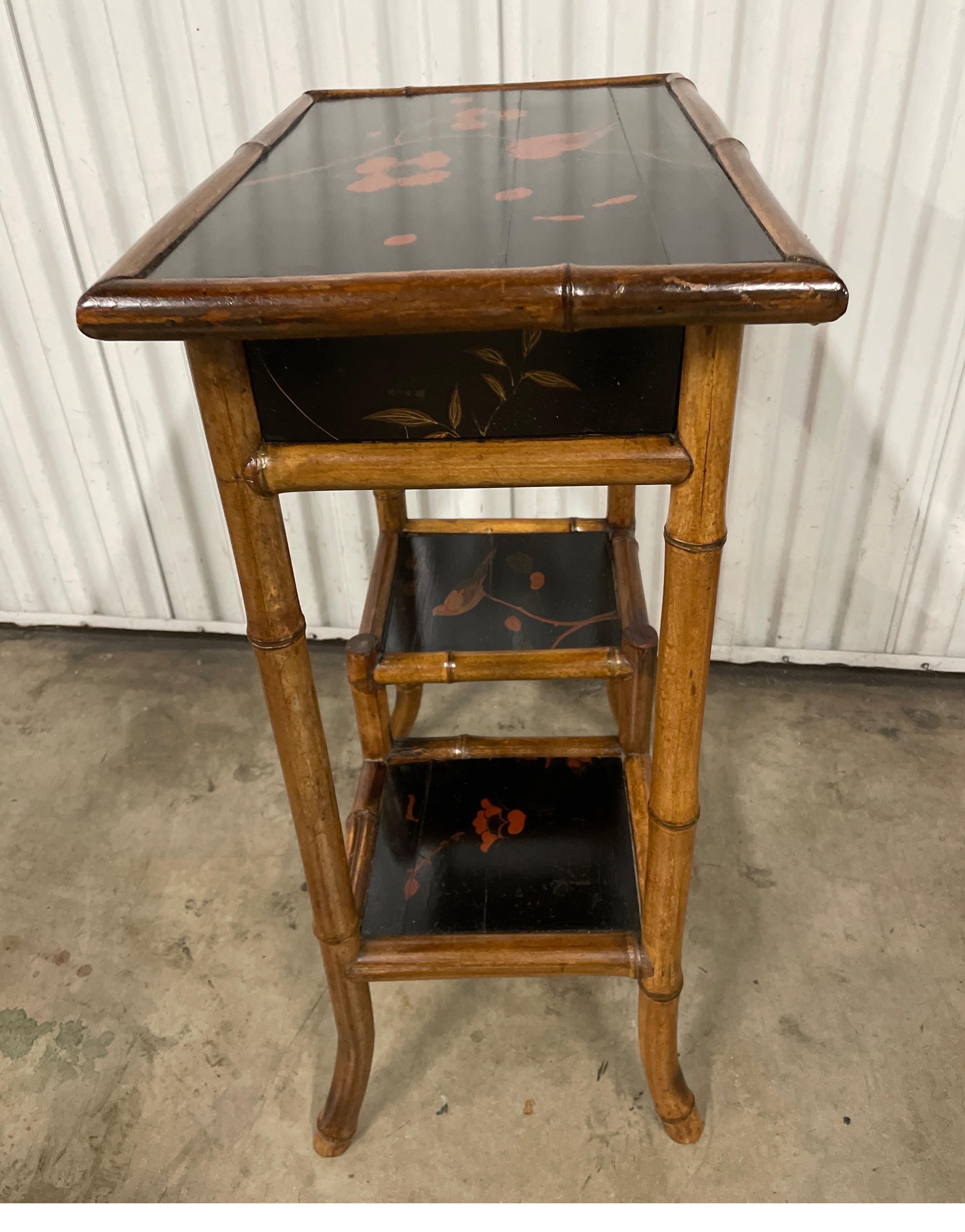 English Antique Bamboo Side Table with Single Drawer & Japanned Top  For Sale