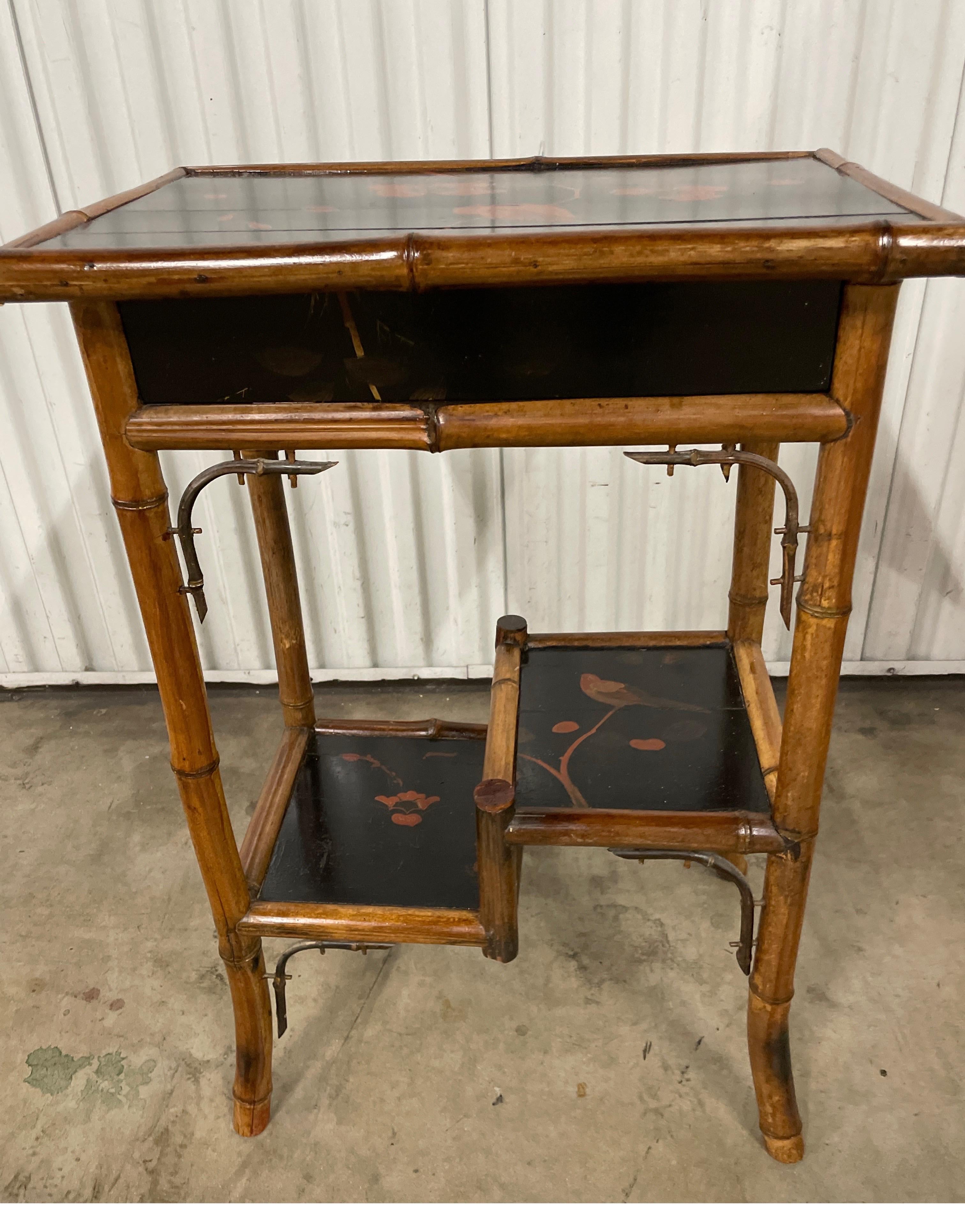 Antique Bamboo Side Table with Single Drawer & Japanned Top  In Good Condition For Sale In West Palm Beach, FL