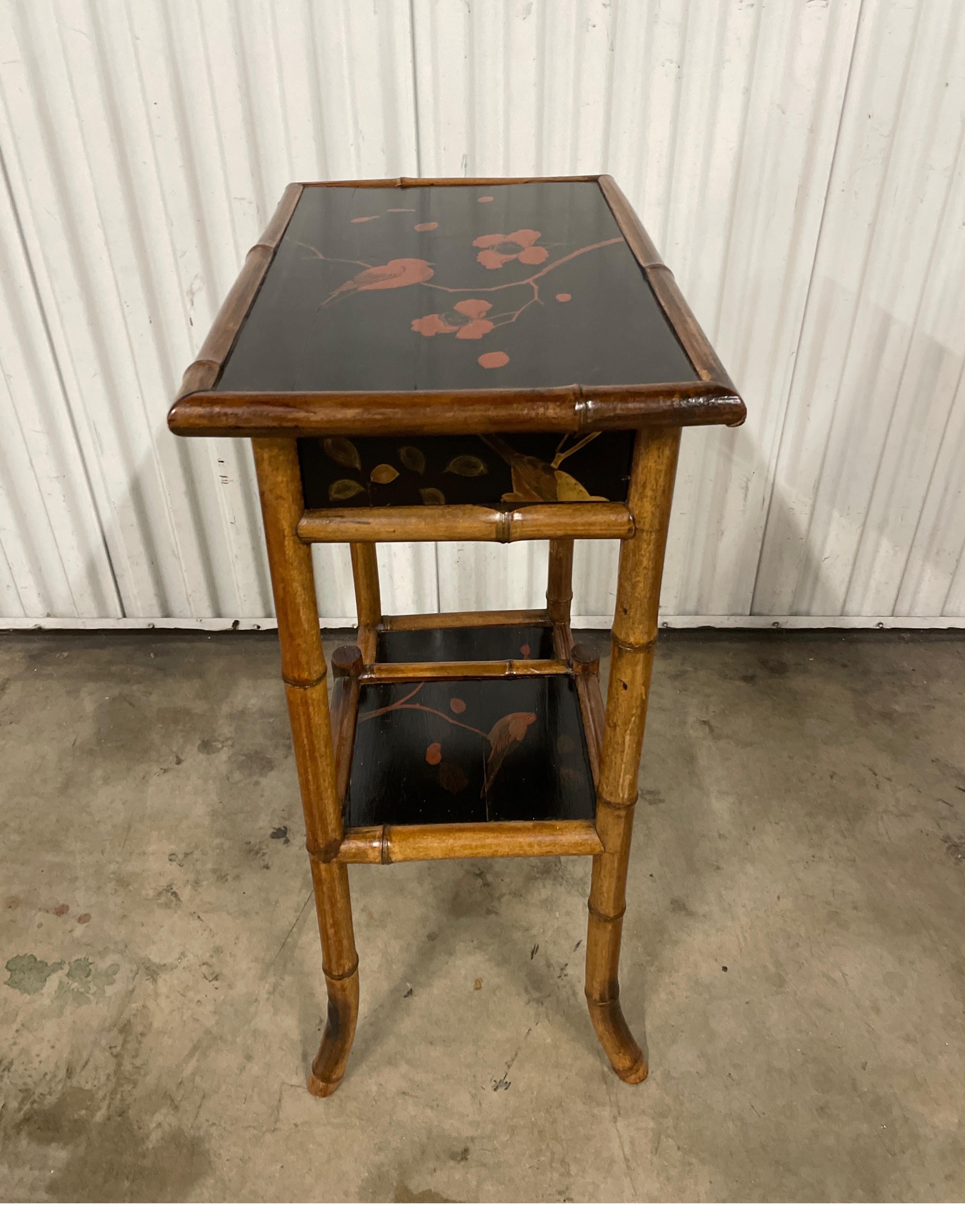 19th Century Antique Bamboo Side Table with Single Drawer & Japanned Top  For Sale