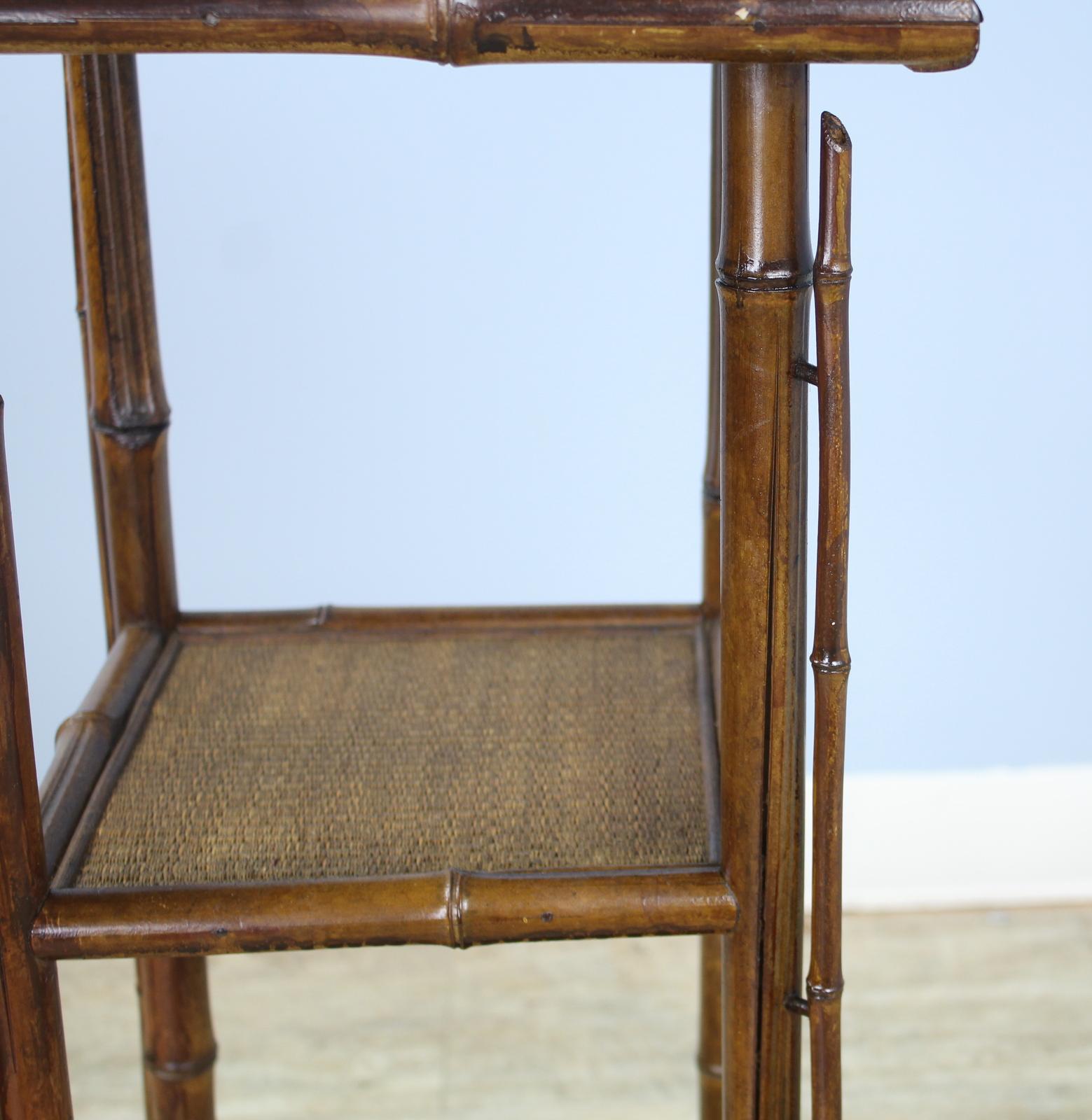 Leather Antique Bamboo Side Table with Vertical Detail For Sale