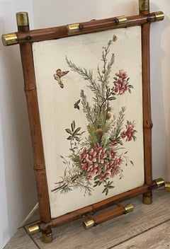Antique Bamboo Trays with Porcelain Tile, Botanical Design, 1880s