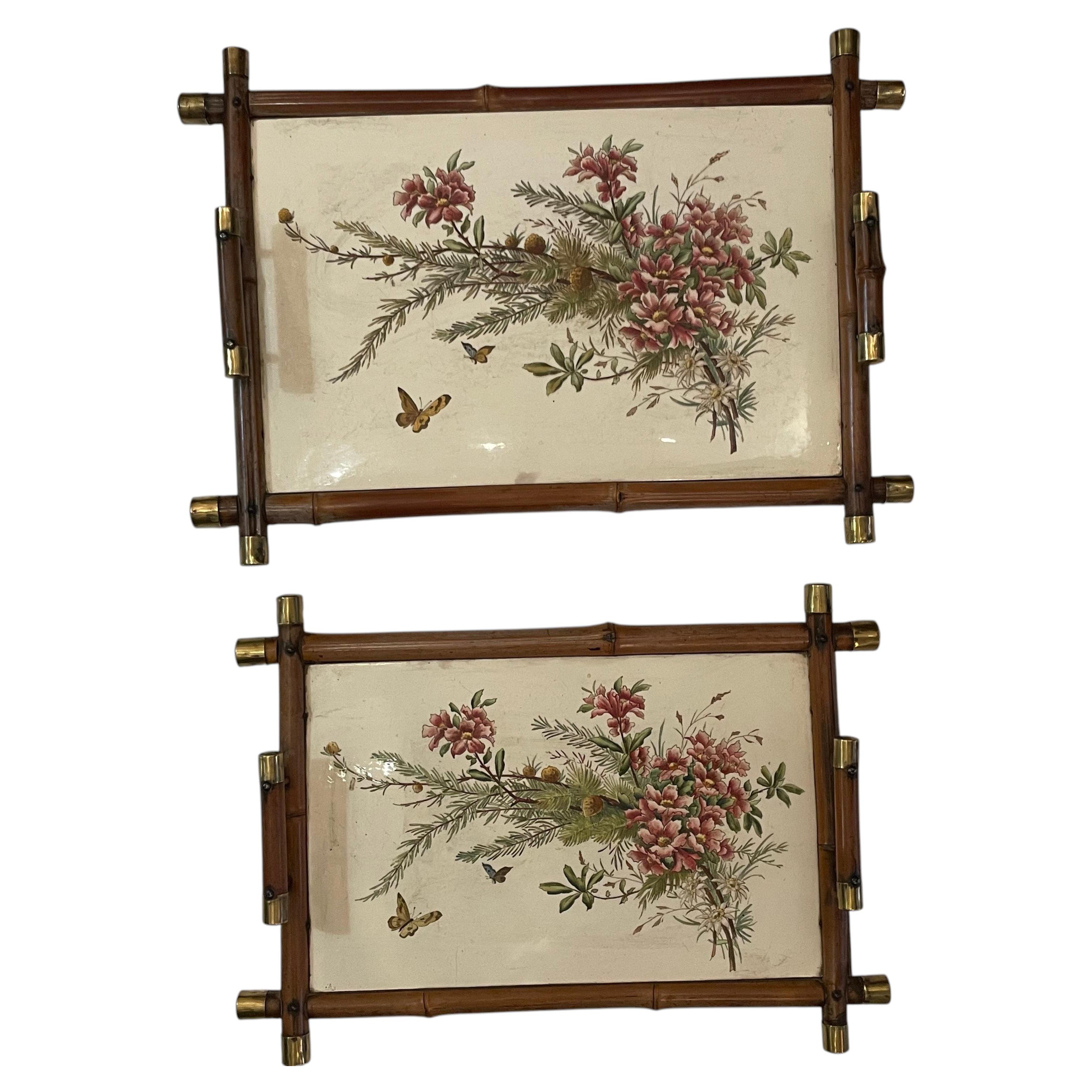 Antique Bamboo Trays with Porcelain Tile, Botanical Design, 1880s For Sale