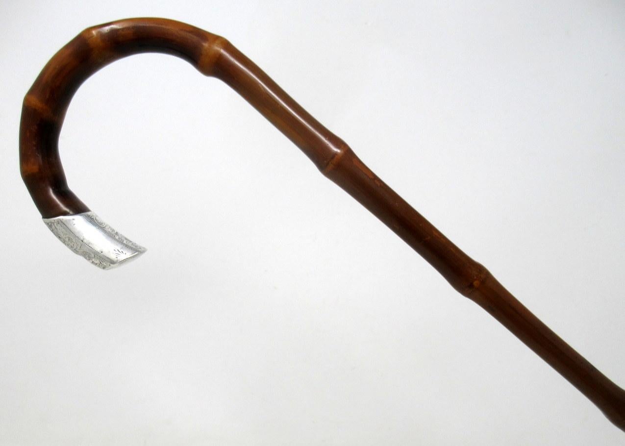 Fine quality Edwardian polished bamboo wood traditional crook handled ladies walking cane with highly decorative embossed sterling silver mount, first quarter of the 20th century.

Hallmarked for 1908. Birmingham assay mark. Makers mark is
