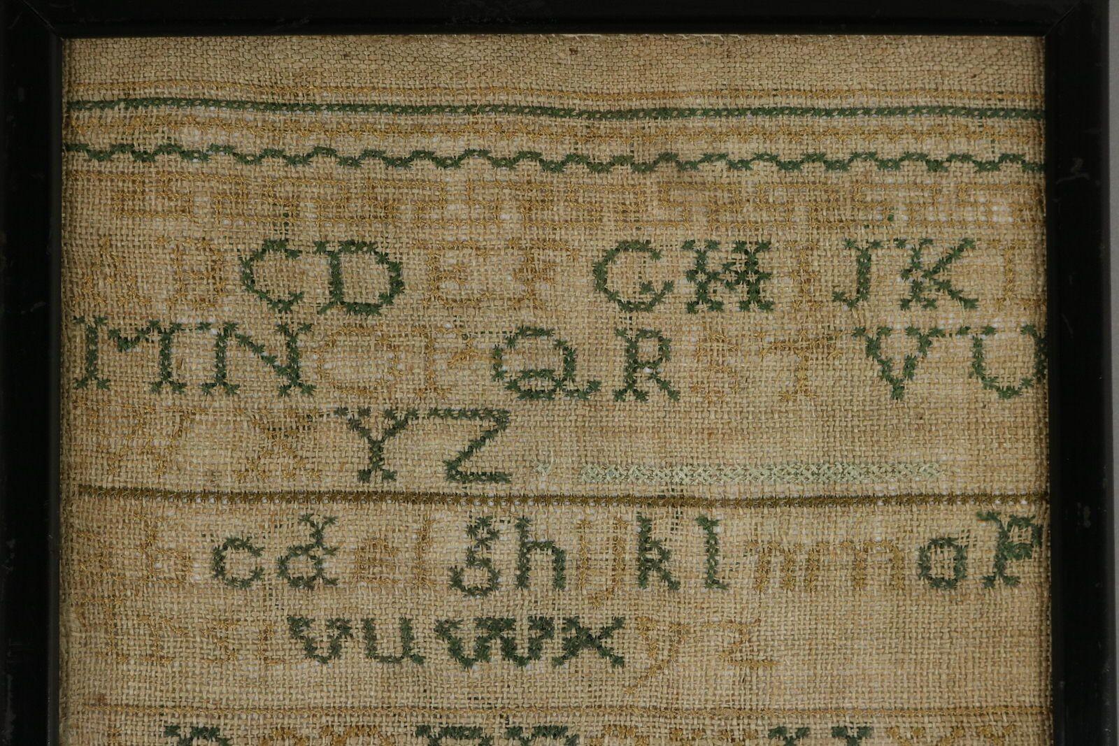 Georgian Band Sampler, 1796, by Margaret Hoskin. The sampler is worked in silk threads on a canvas ground, mainly in cross stitch. Divider lines in various patterns. Colours green, copper, gold, silver, pink, black and blue. Alphabets A-Z in upper