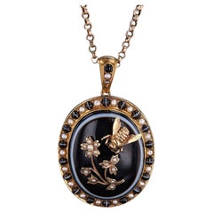 Antique Banded Agate and Pearl Bee Necklace
