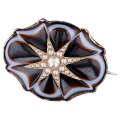 Antique Banded Agate and Pearl Star Brooch