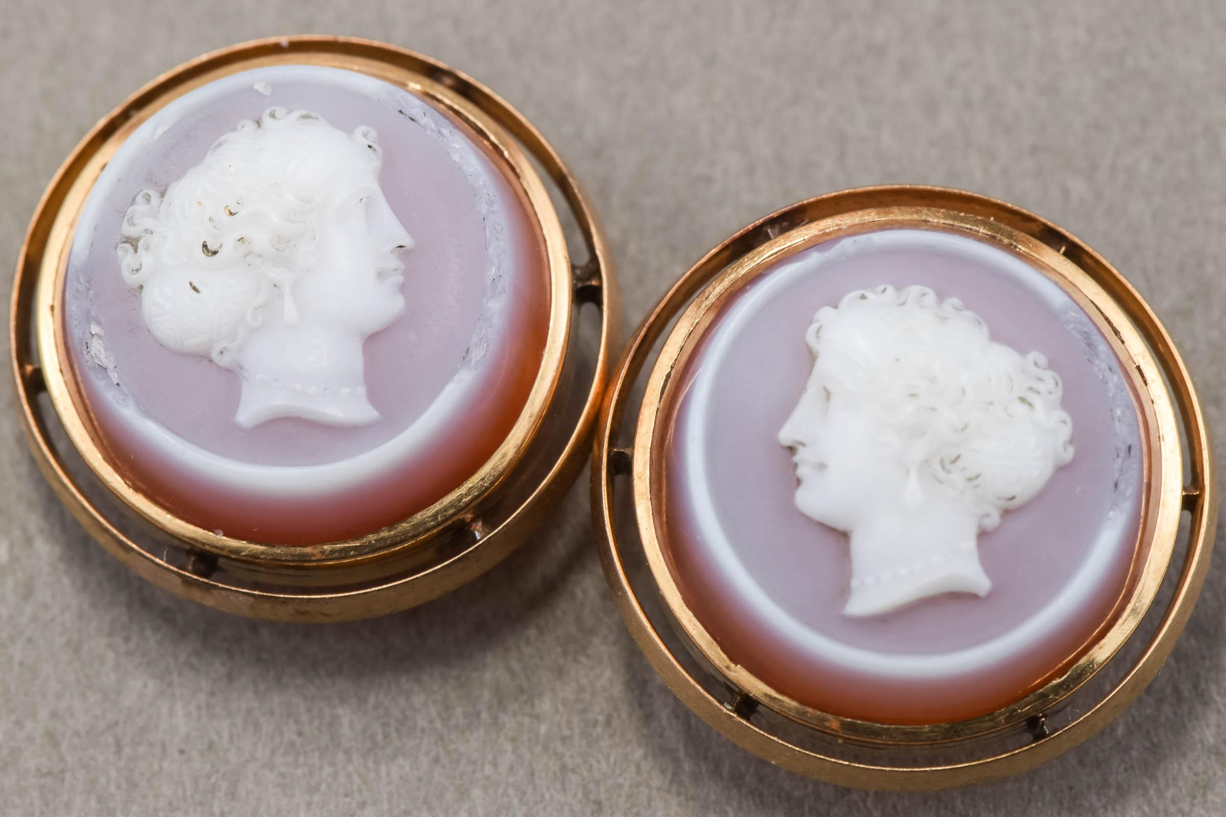 Antique Banded Agate Cameo Cufflinks or Buttons in 14K Gold with Monogram For Sale 8