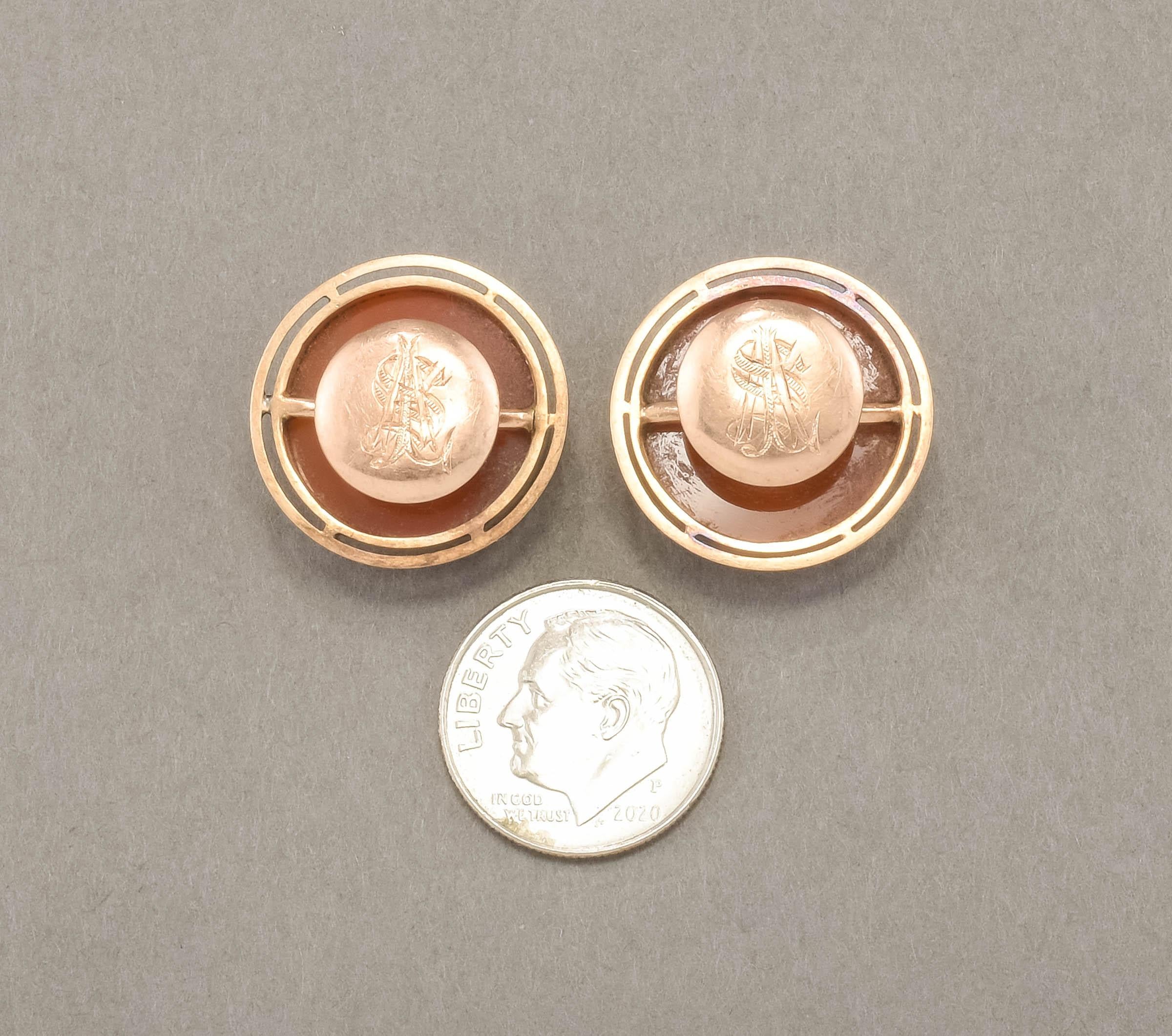 Victorian Antique Banded Agate Cameo Cufflinks or Buttons in 14K Gold with Monogram For Sale