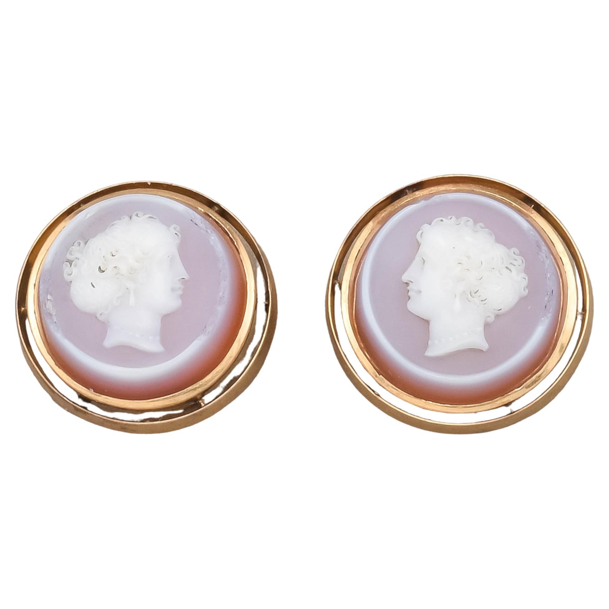 Antique Banded Agate Cameo Cufflinks or Buttons in 14K Gold with Monogram