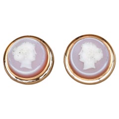Antique Banded Agate Cameo Cufflinks or Buttons in 14K Gold with Monogram