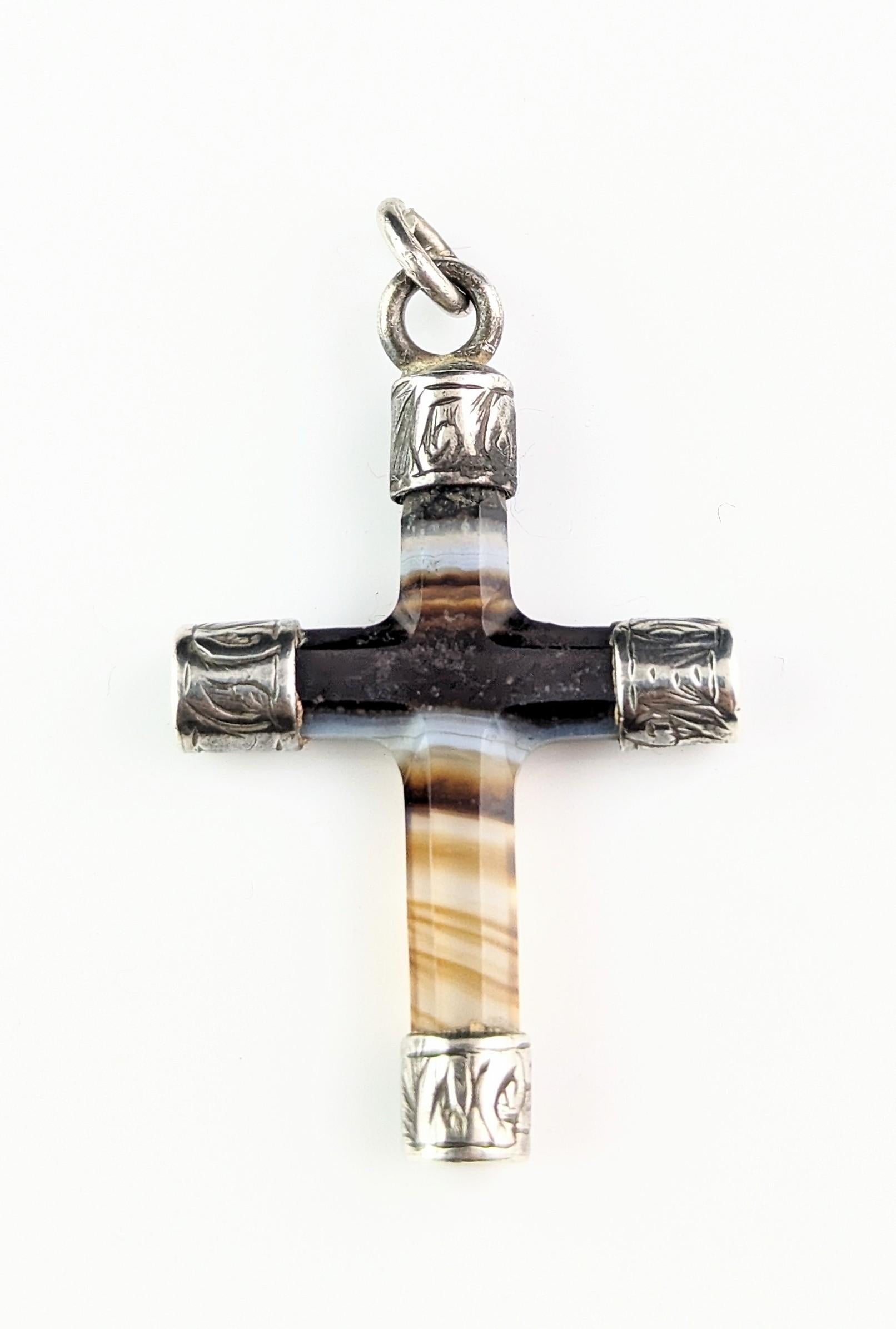 Antique banded Agate Cross pendant, sterling silver, Victorian  5