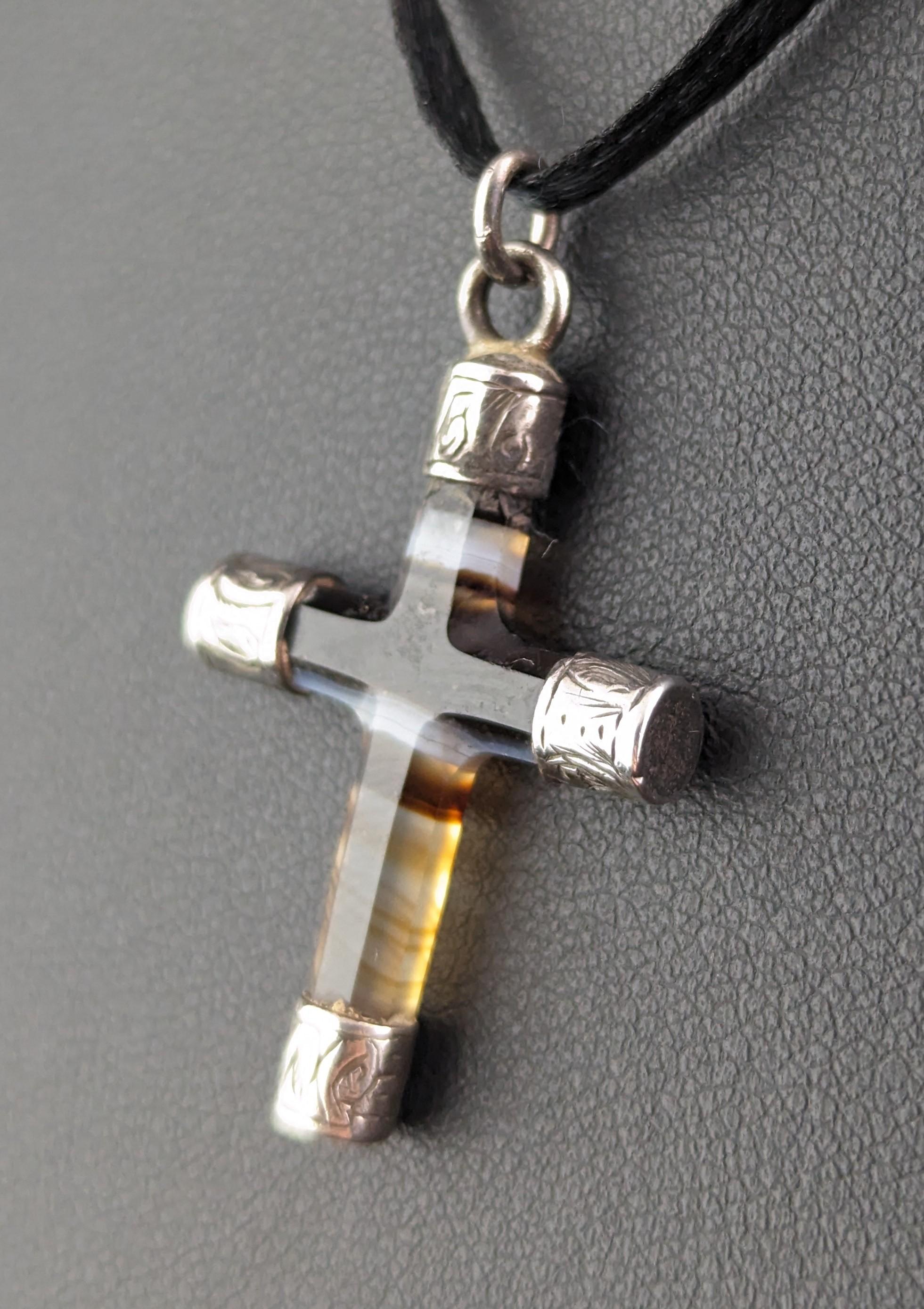 Antique banded Agate Cross pendant, sterling silver, Victorian  1