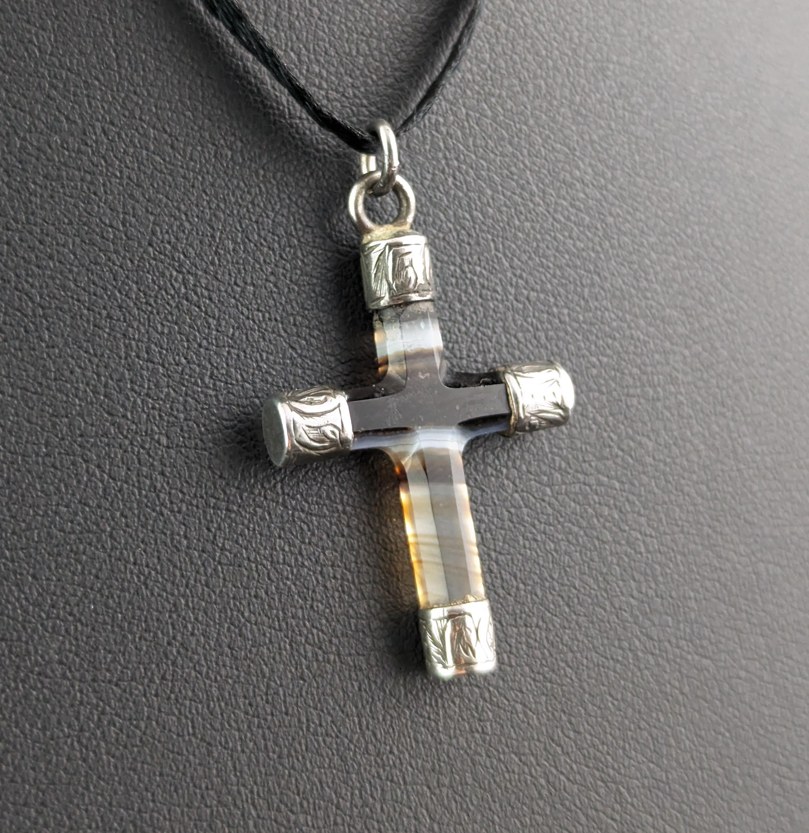 Antique banded Agate Cross pendant, sterling silver, Victorian  2