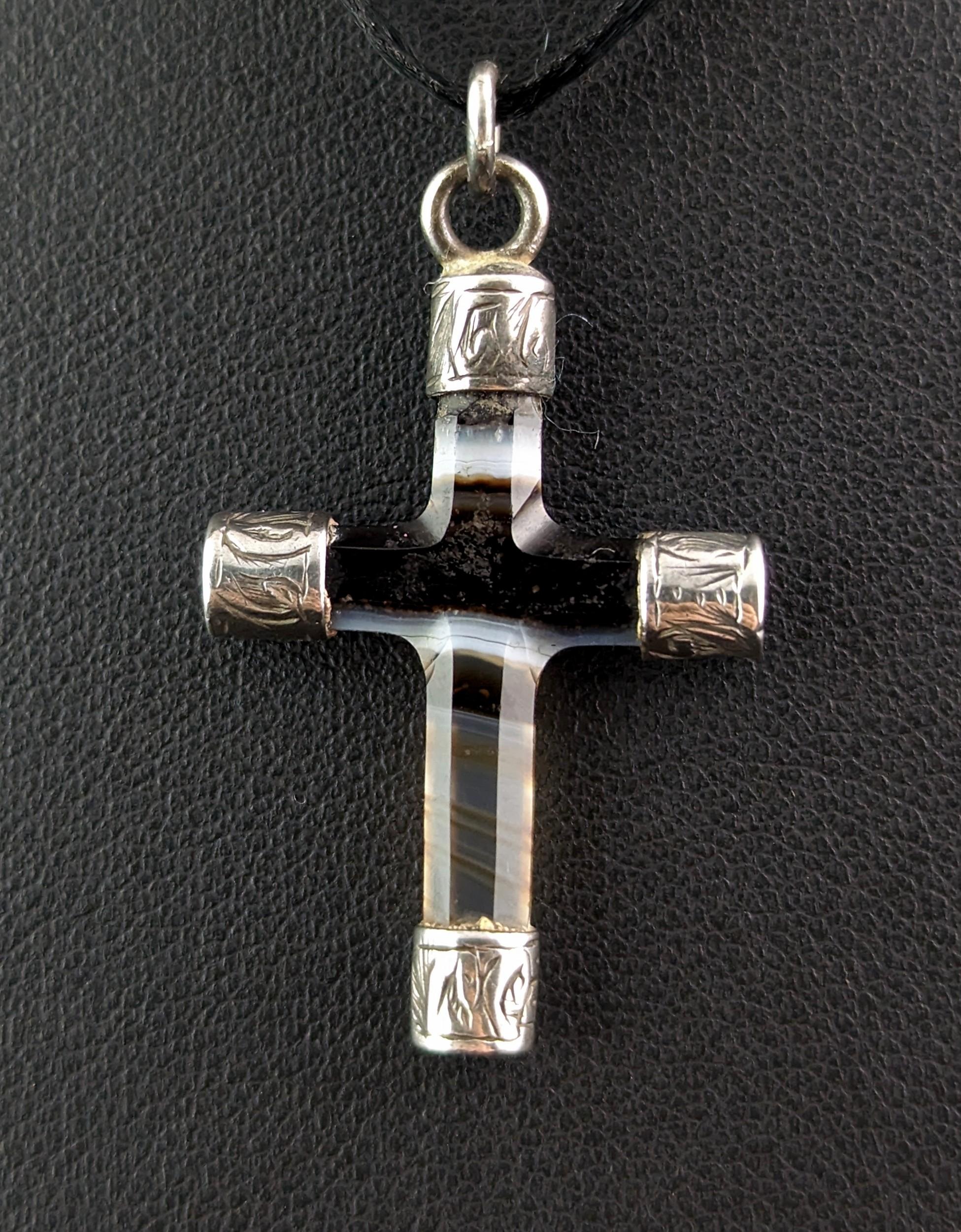 Antique banded Agate Cross pendant, sterling silver, Victorian  3