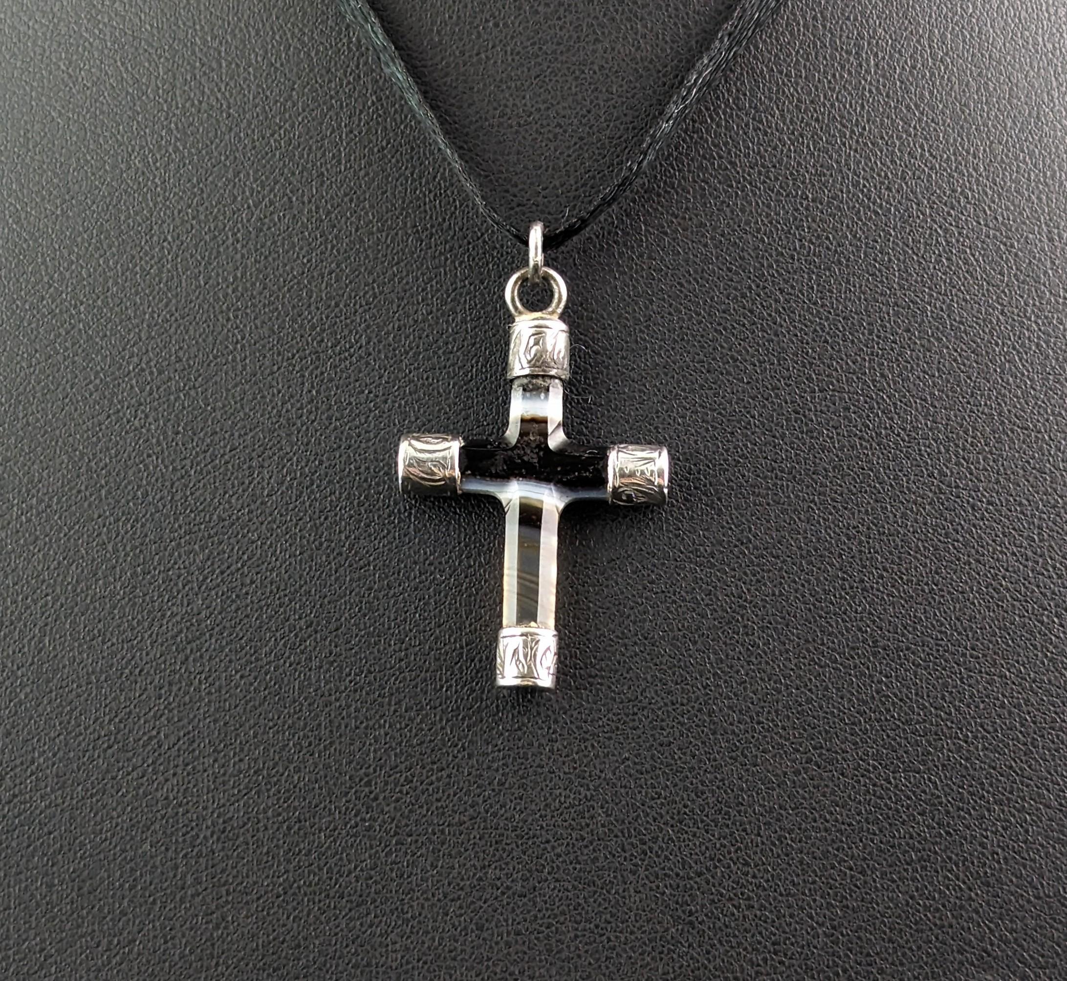 Antique banded Agate Cross pendant, sterling silver, Victorian  4