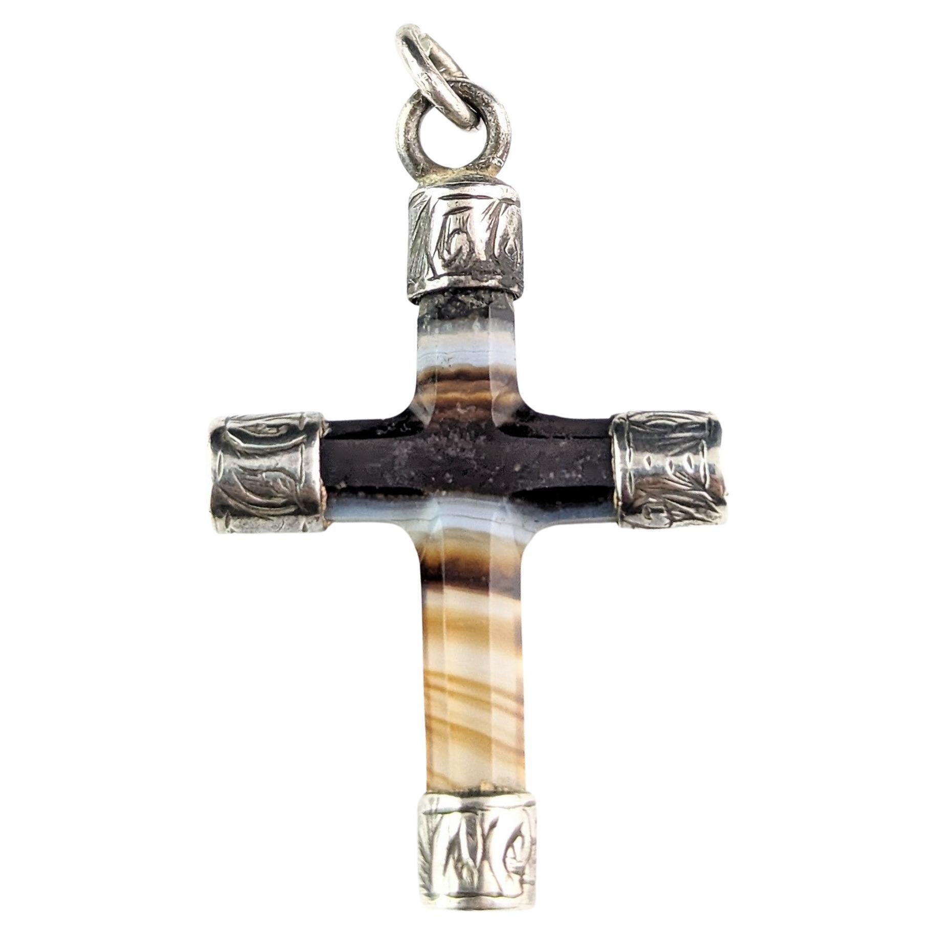 Antique banded Agate Cross pendant, sterling silver, Victorian 