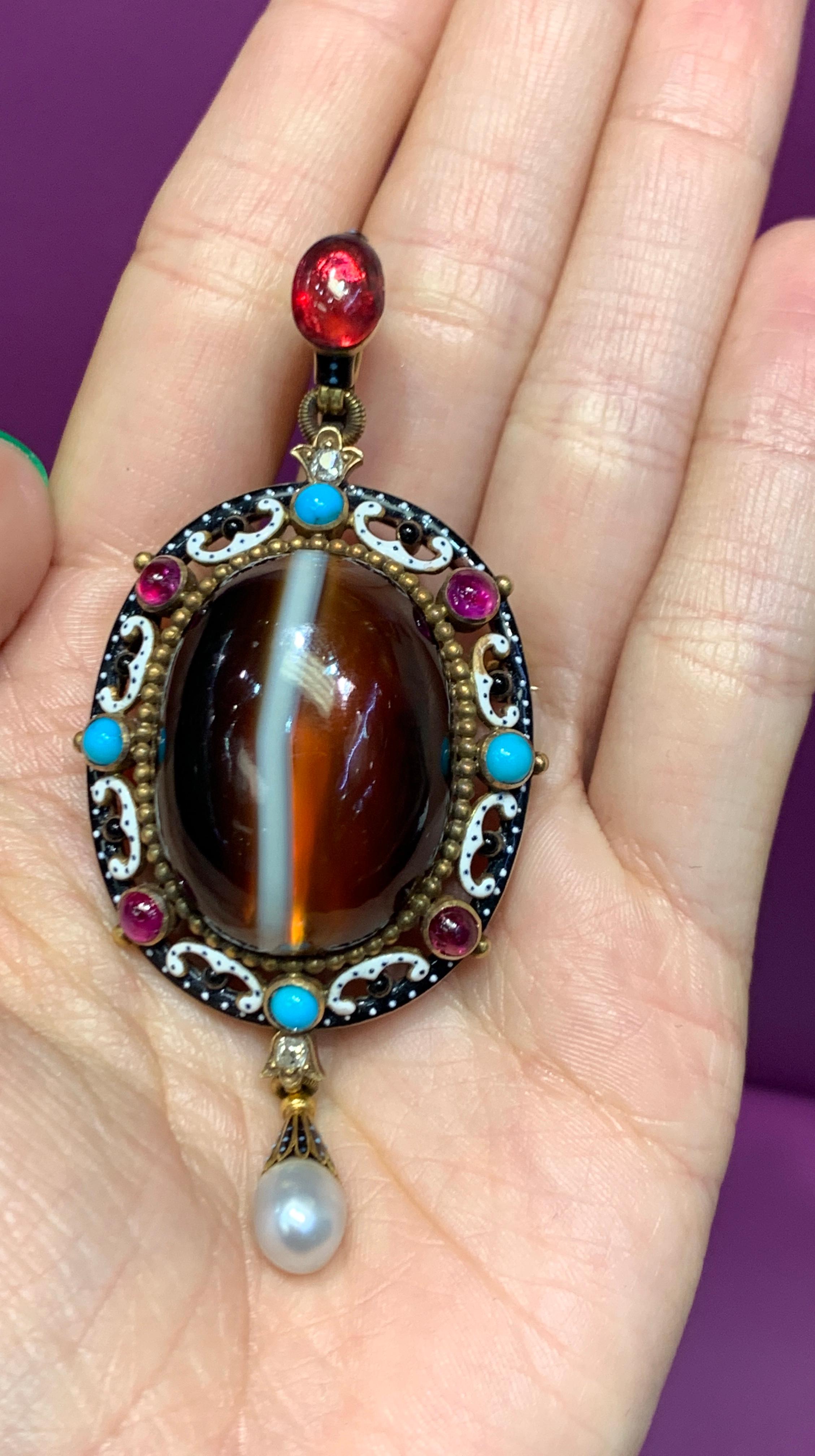 Antique Banded Agate, Enamel and Multi-Gem Gold Brooch In Excellent Condition For Sale In New York, NY