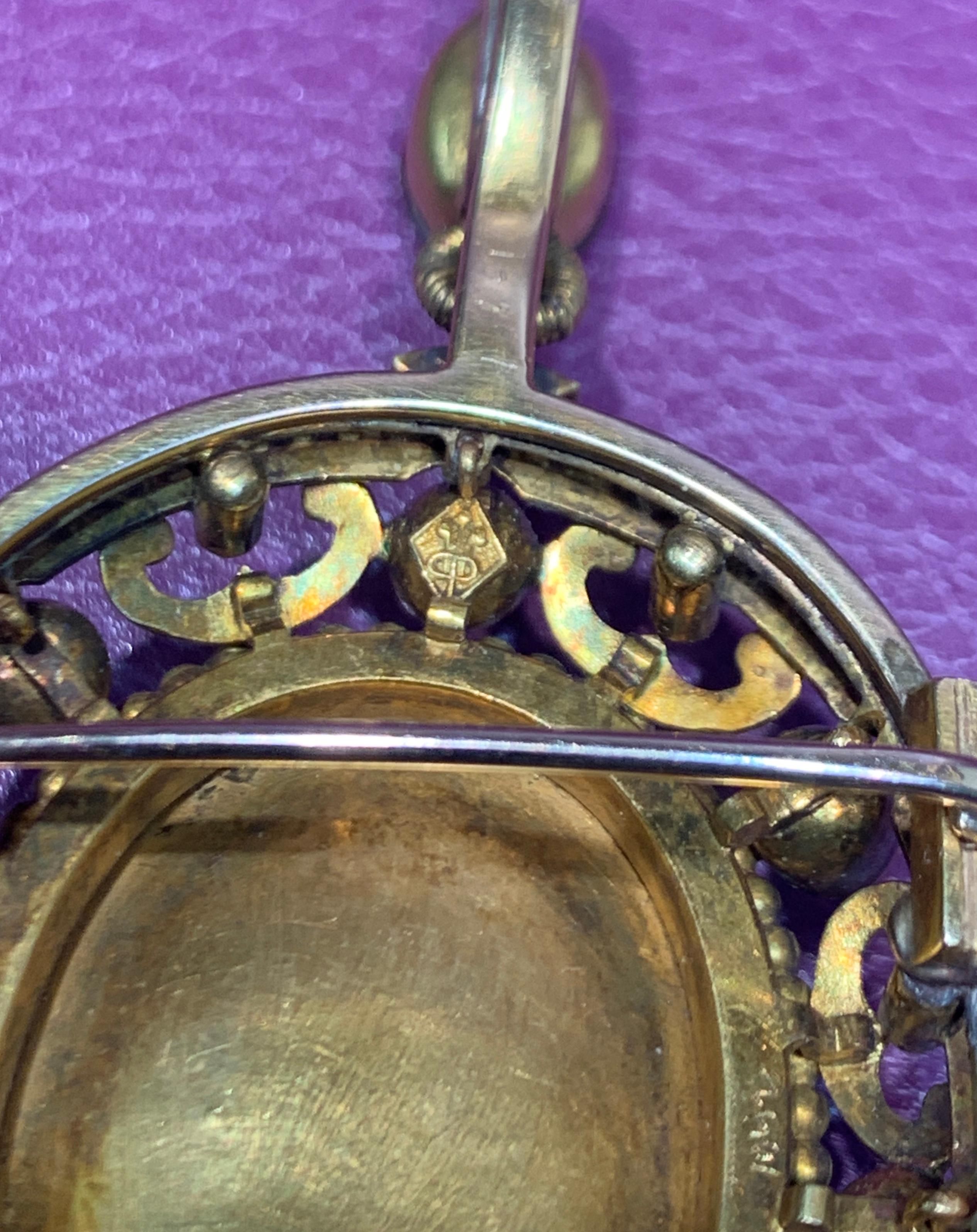 Women's or Men's Antique Banded Agate, Enamel and Multi-Gem Gold Brooch For Sale