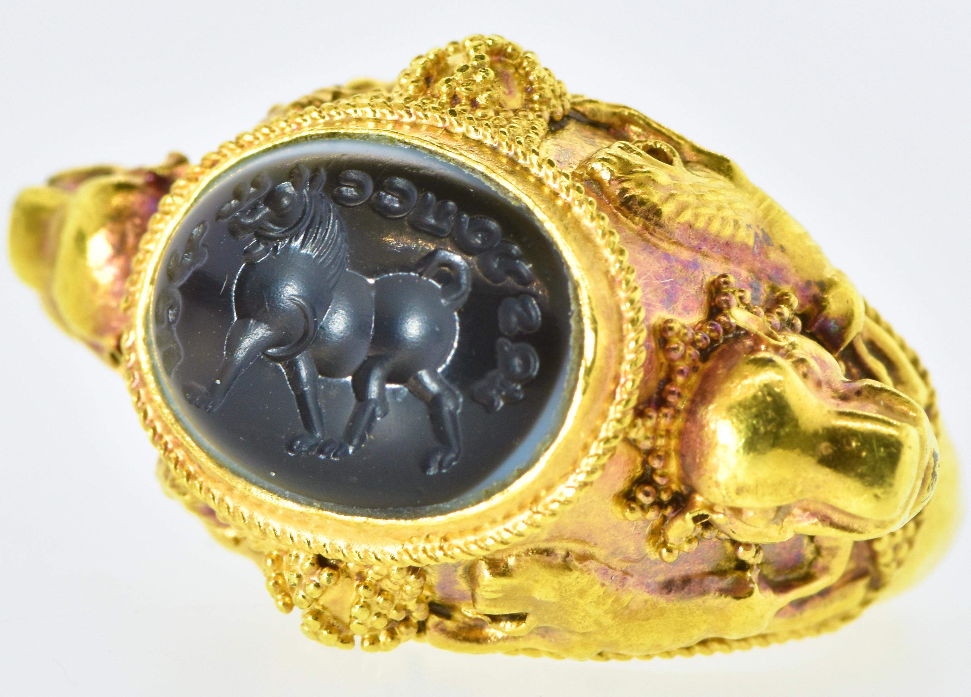 Victorian Antique Banded Agate Intaglio Within a Rare 22k Ring, C. 1800