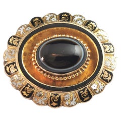 Antique Banded Agate Mourning Brooch, 9k Gold, Black and White Enamel, Victorian