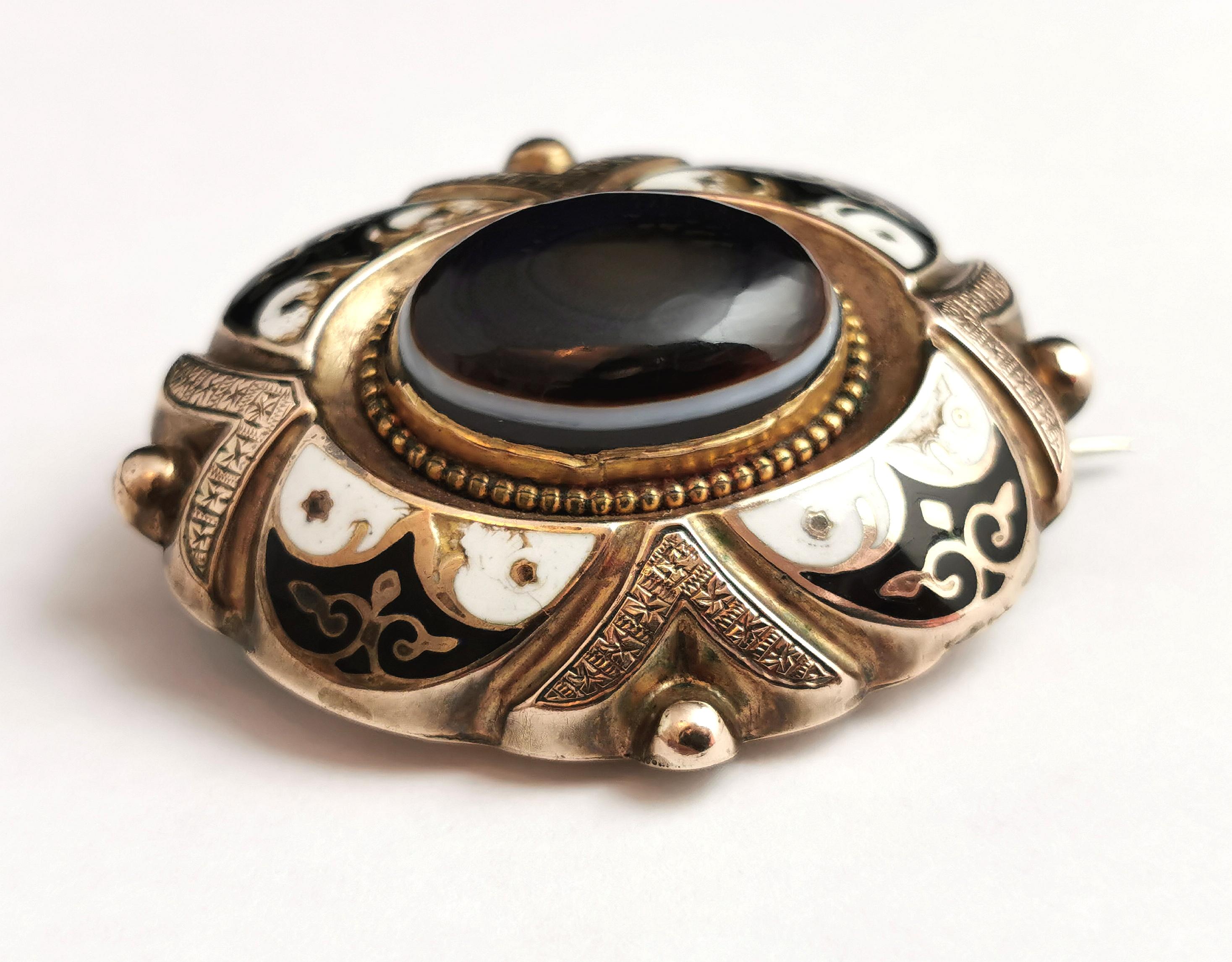 Antique Banded Agate Mourning Brooch, Victorian, Black and White Enamel, 9k 6