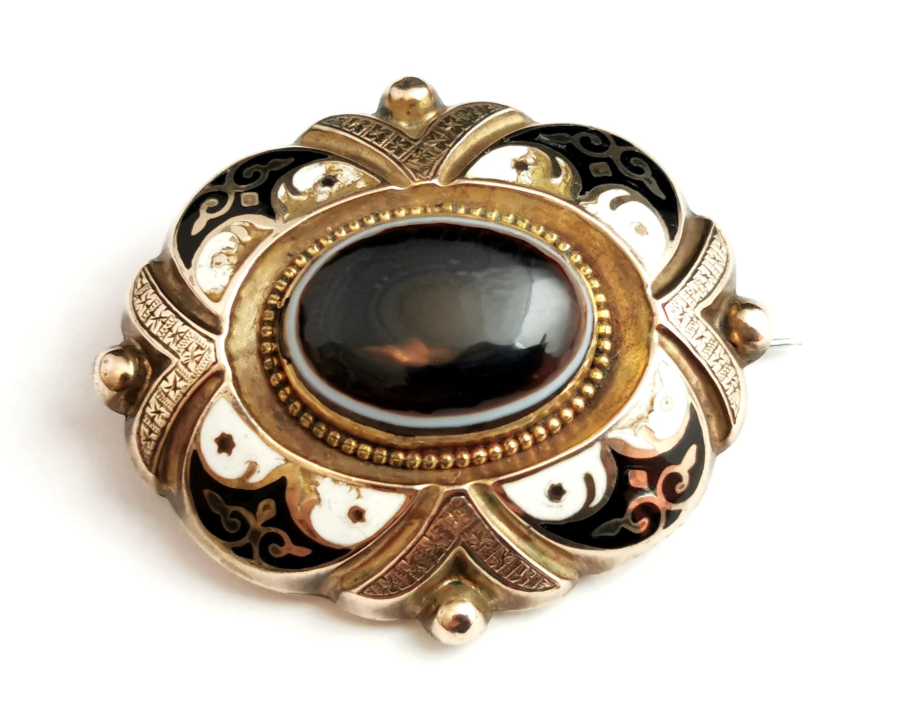 Antique Banded Agate Mourning Brooch, Victorian, Black and White Enamel, 9k 7