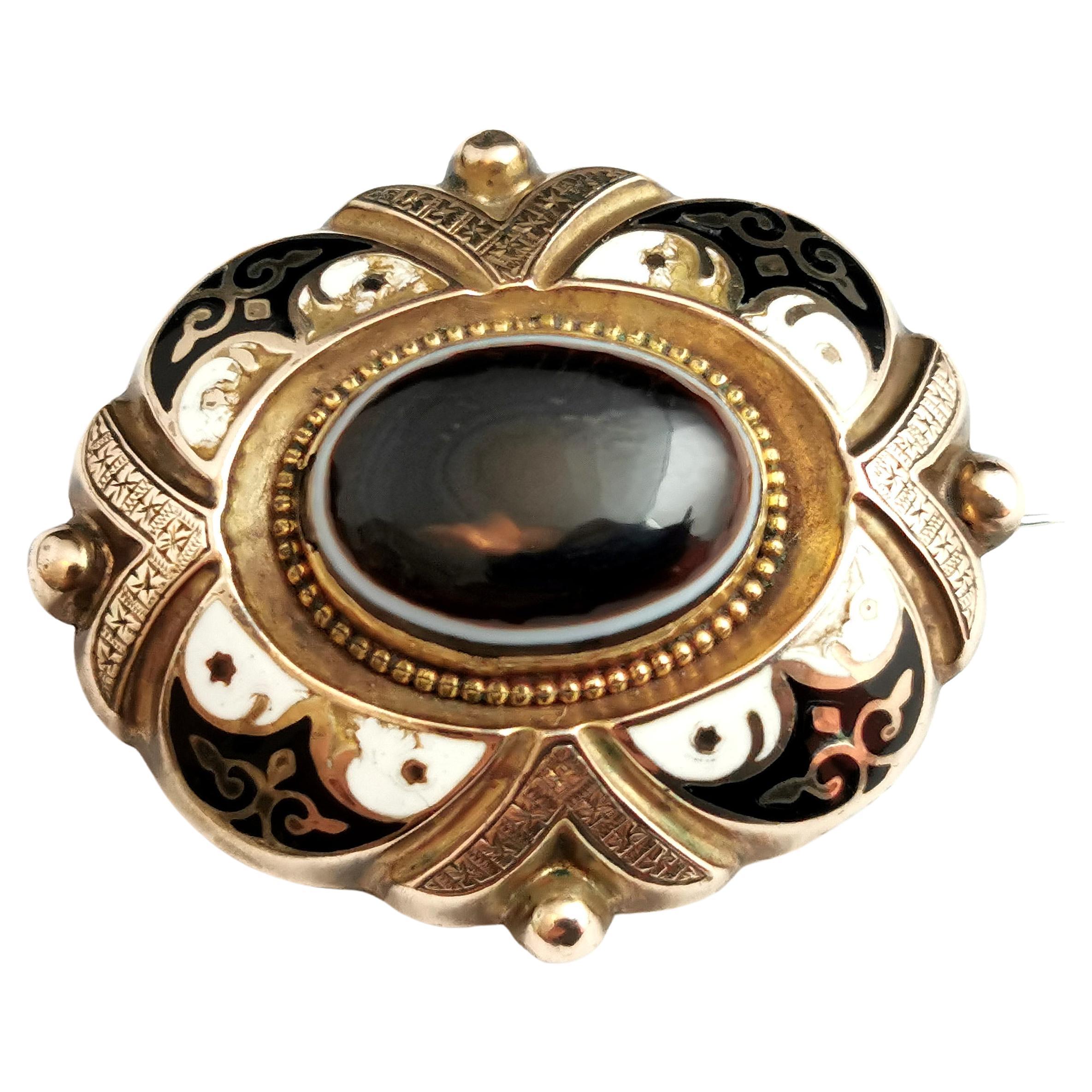 Antique Banded Agate Mourning Brooch, Victorian, Black and White Enamel, 9k