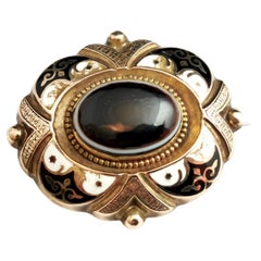 Antique Banded Agate Mourning Brooch, Victorian, Black and White Enamel, 9k