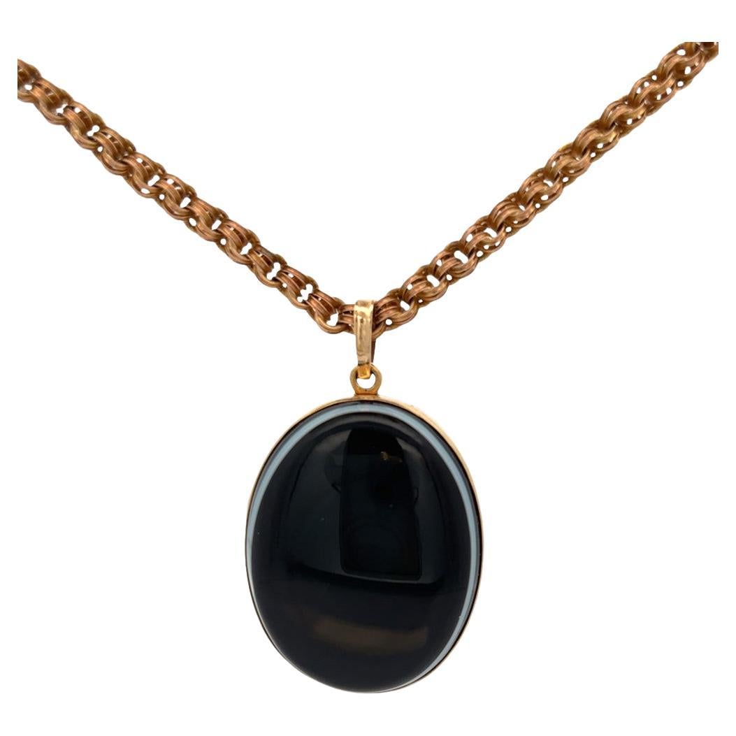 Antique Banded Agate Mourning Locket Necklace