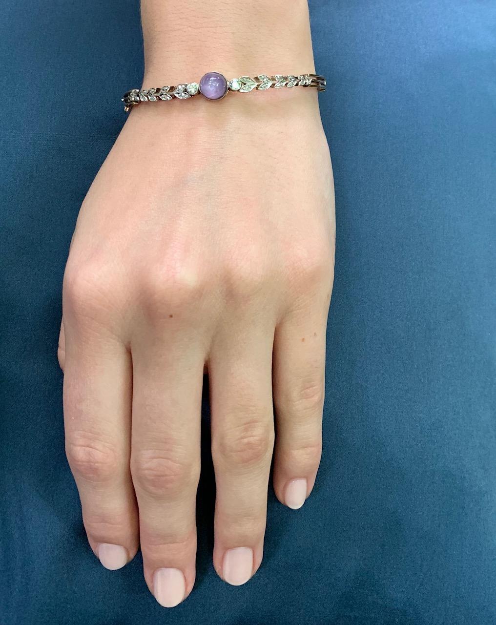 Women's Antique Belle Époque Star Sapphire Cabochon Diamond 14 K Gold Bangle Bracelet For Sale