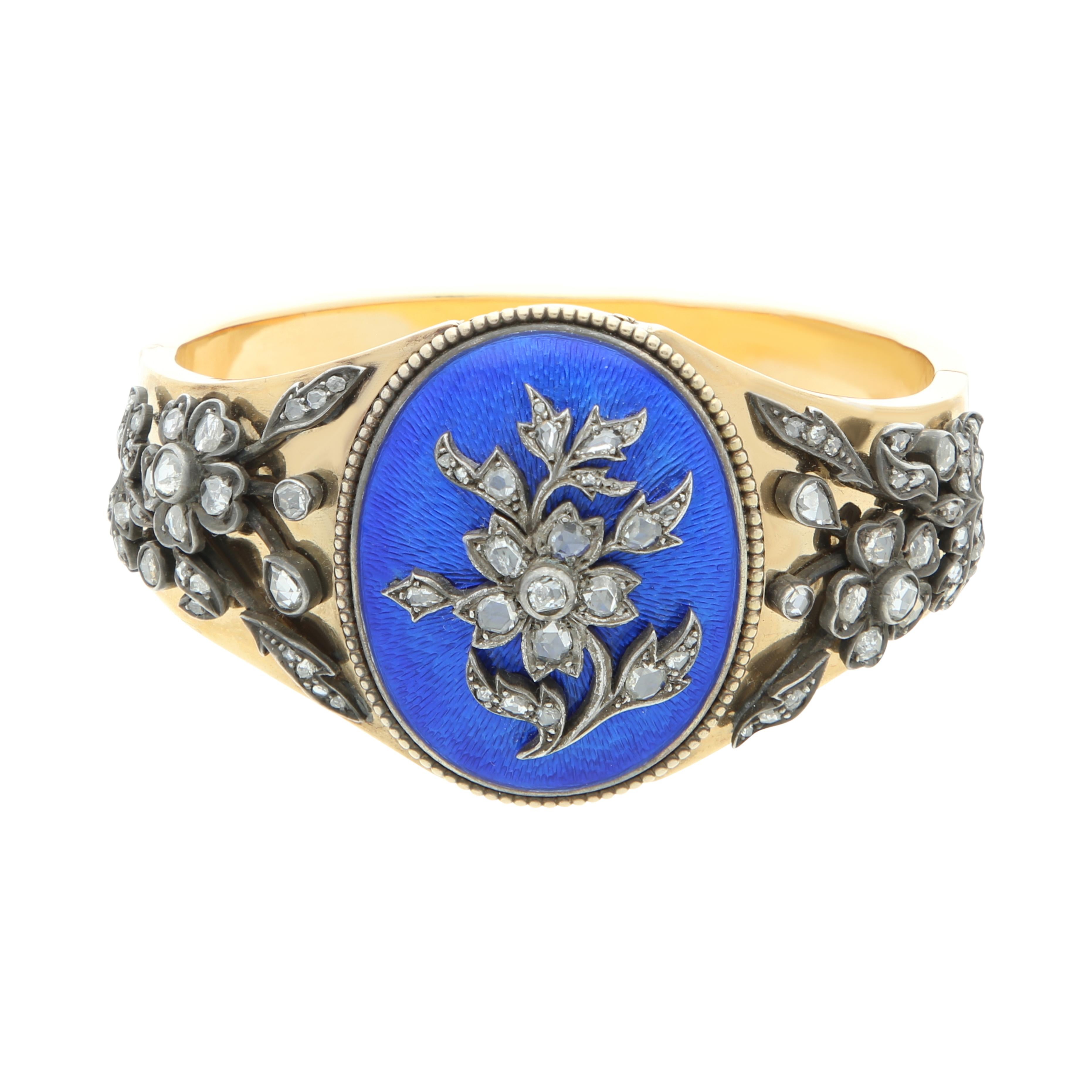 Antique yellow 18k gold. Enameled old cut diamond, bangle bracelet. a magnificent  bangle bracelet crafted in yellow gold and silver, blue Enamel - the Flowers is accented with old mine cut and rose cut diamonds. It was belong to a royal family in