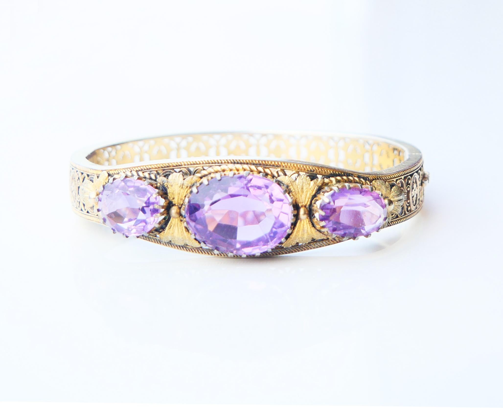 Women's Antique Bangle Bracelet natural Amethyst solid gilt Silver / 21.5 gr For Sale