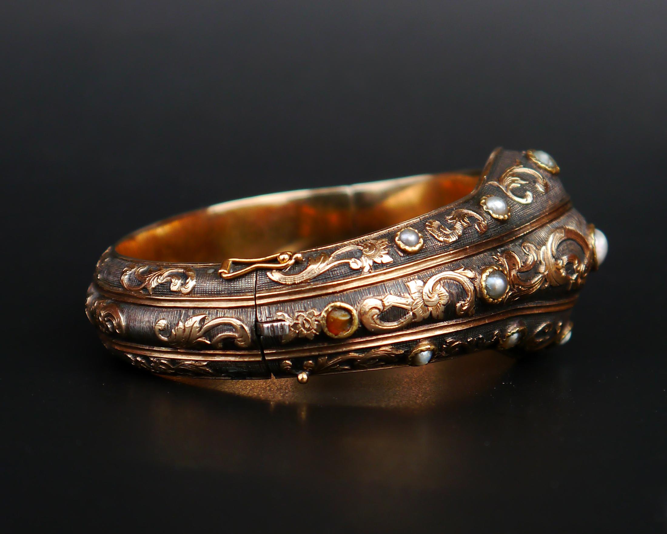 Antique Bangle Bracelet natural River Pearls solid 14K Gold / Silver / 42gr For Sale 7