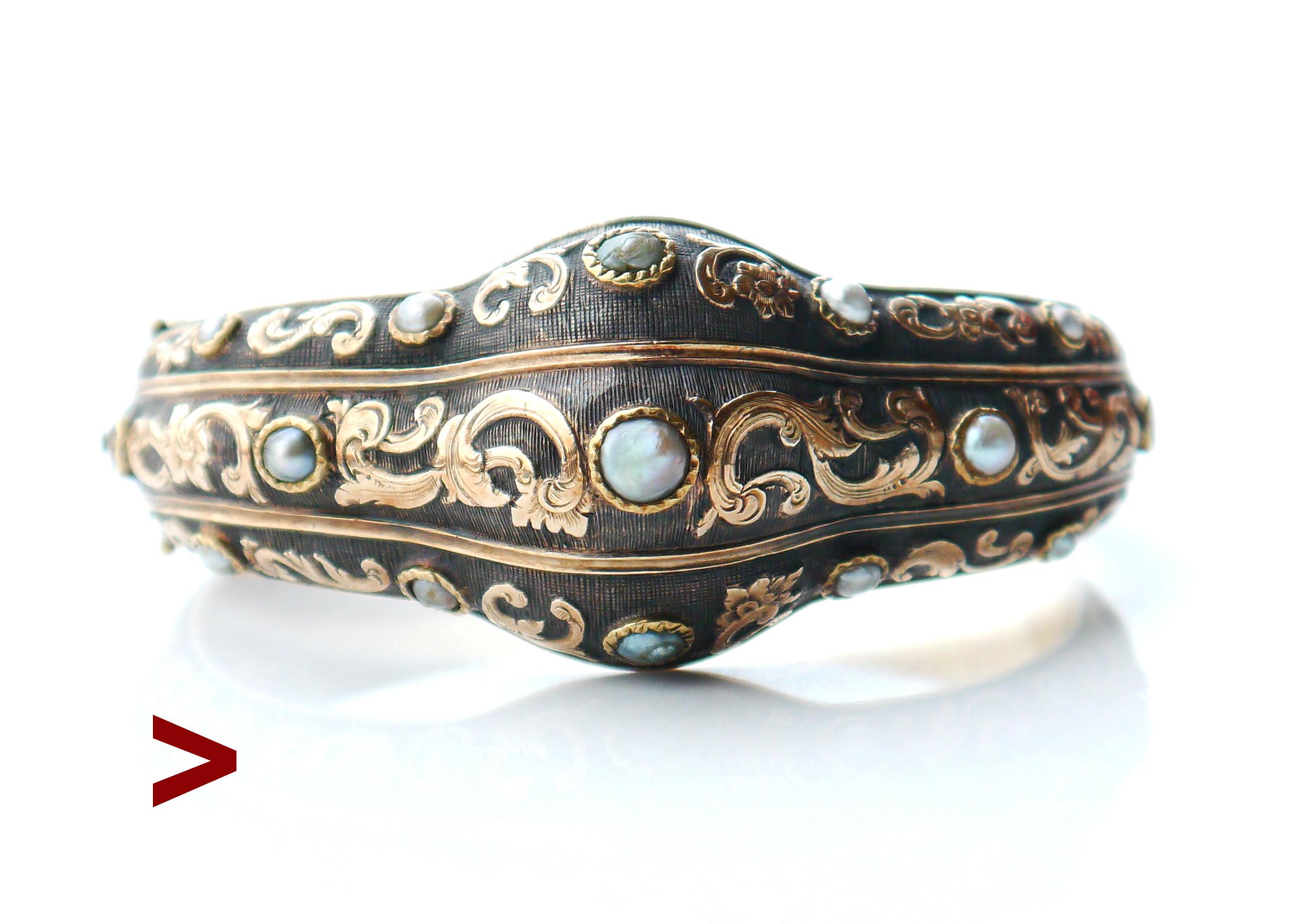 This Great old bangle bracelet, hand- made in Europe by very skilled jeweler, ca. 1880s - 1920s. Composite construction with frontal parts made of Silver on solid 14K Yellow and Rose Gold. Carved floral ornamentation in Rose Gold over Silver