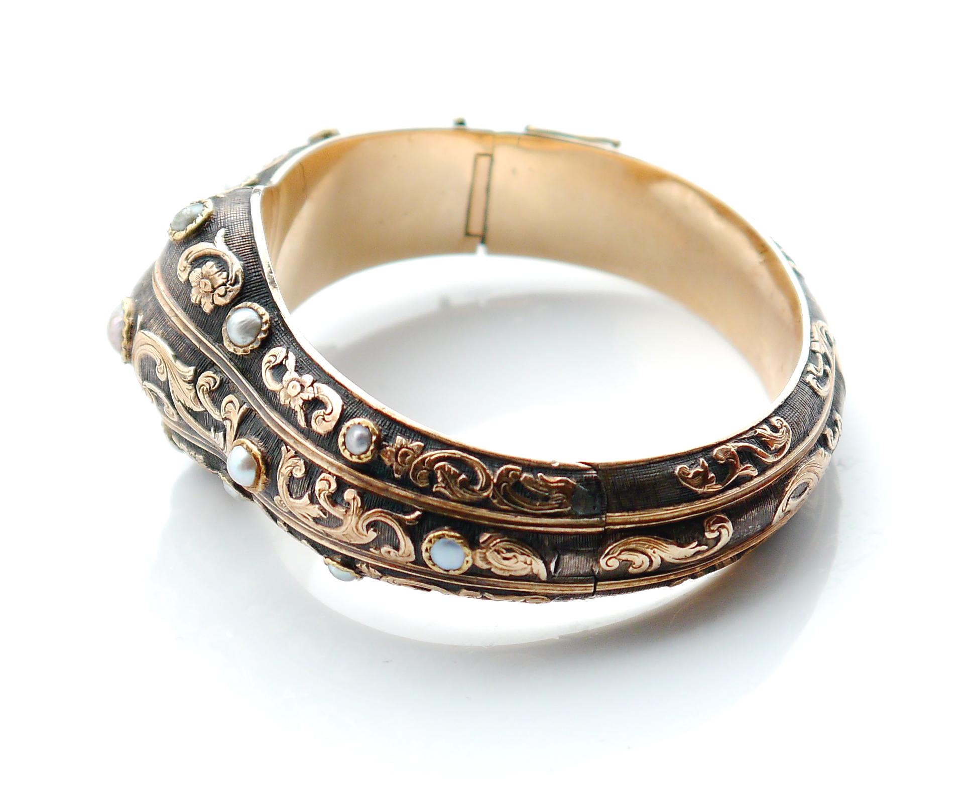 Arts and Crafts Antique Bangle Bracelet natural River Pearls solid 14K Gold / Silver / 42gr For Sale