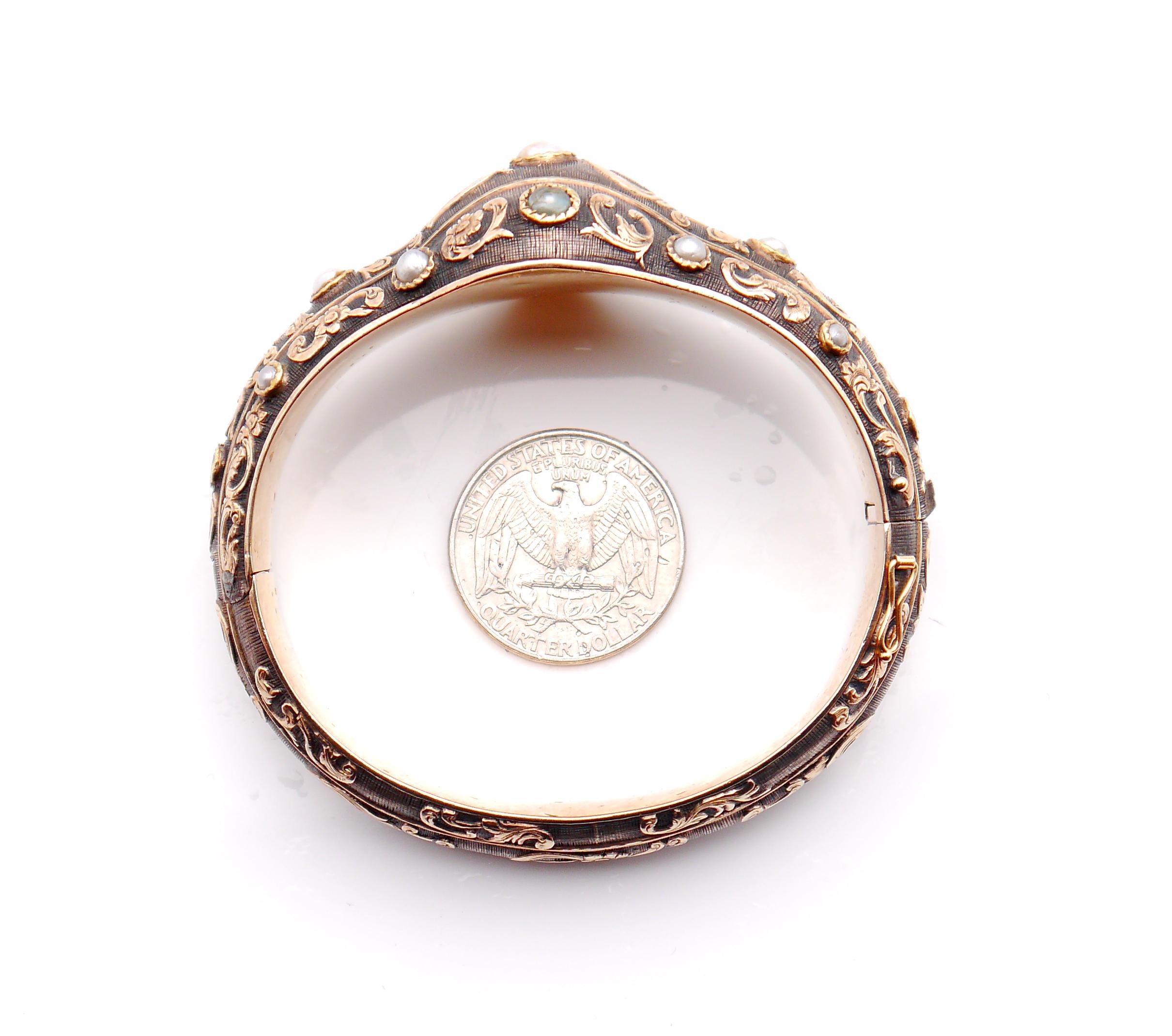 Round Cut Antique Bangle Bracelet natural River Pearls solid 14K Gold / Silver / 42gr For Sale