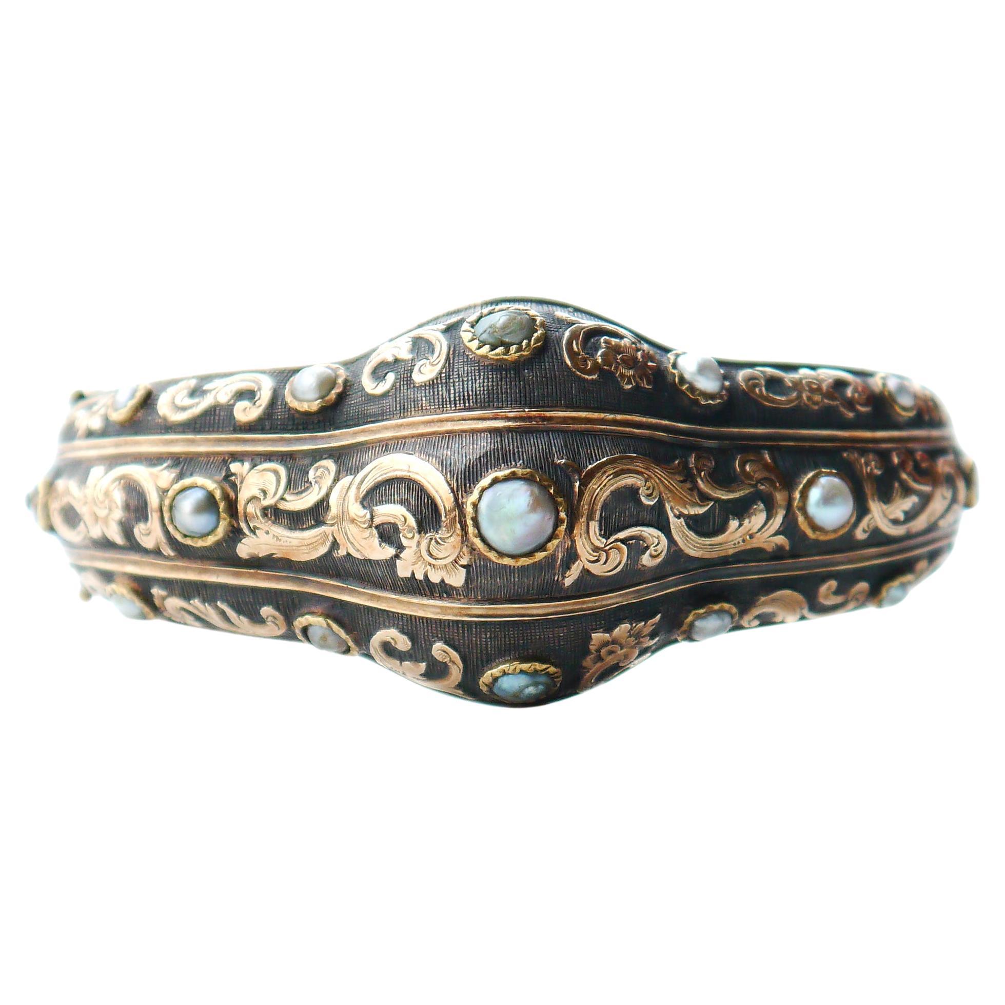 Antique Bangle Bracelet natural River Pearls solid 14K Gold / Silver / 42gr For Sale